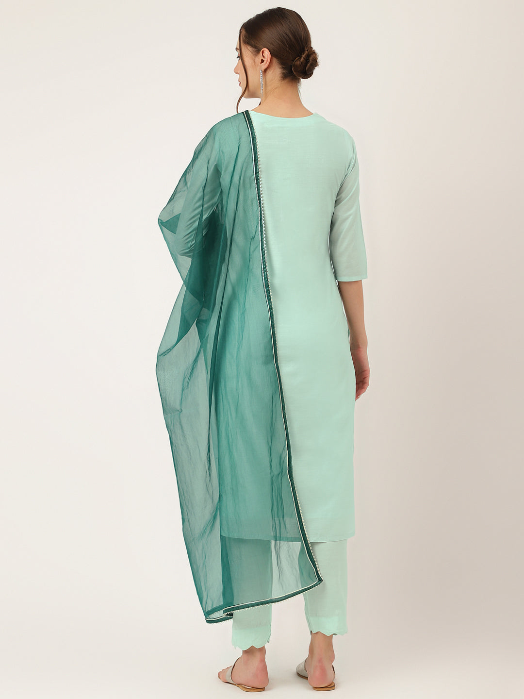 Women's Sea Green Embroidered Chanderi Kurta, Trouser With Dupatta