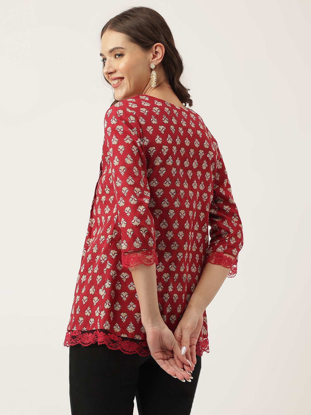 Women's Maroon Floral Printed Cotton Peplum Top