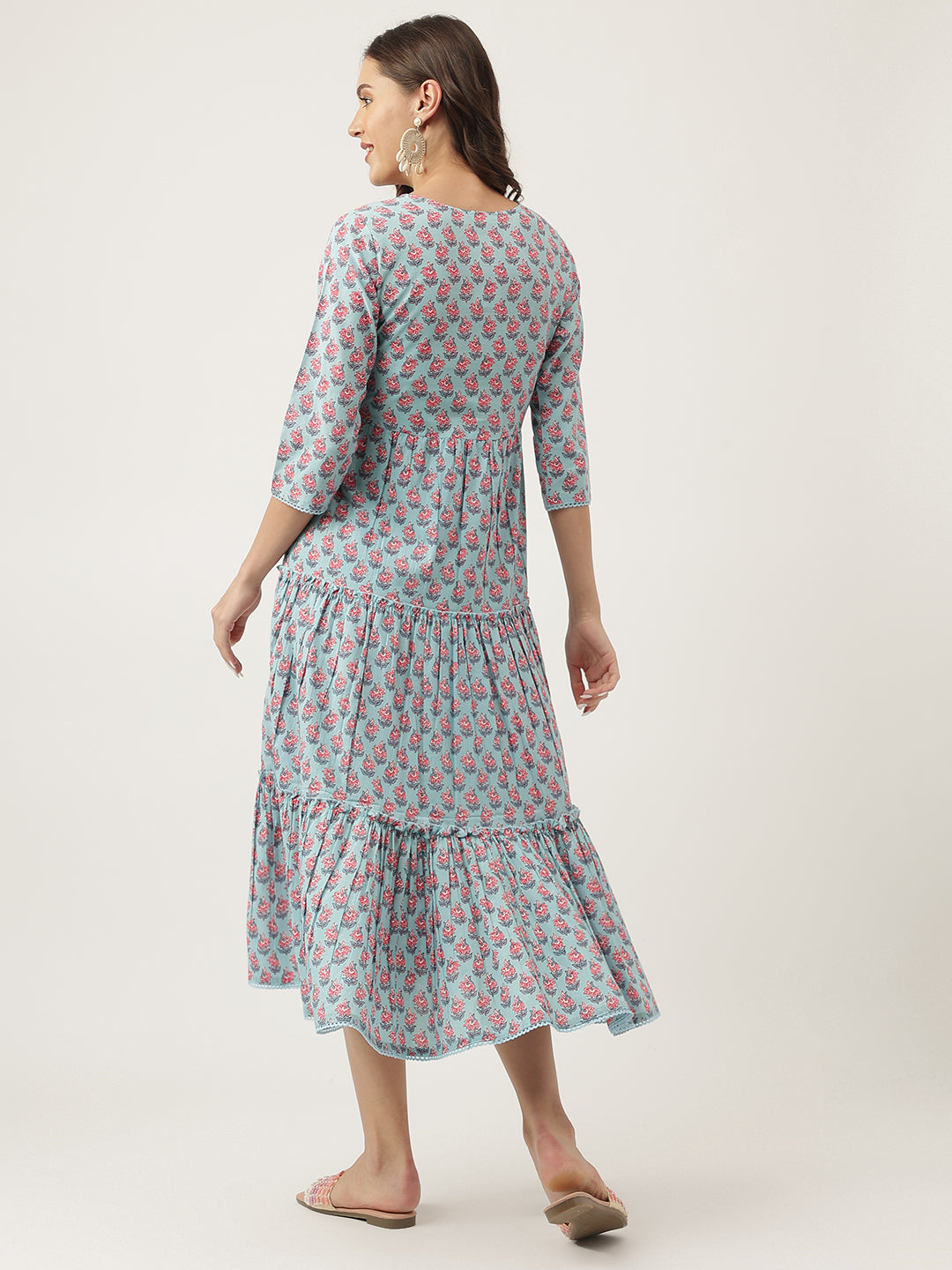 Women's Sky Blue Floral printed Cotton Tired Dress