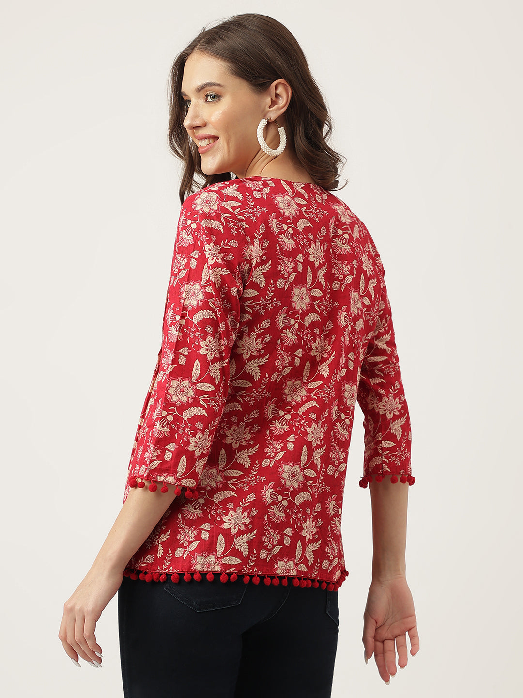 Women's Rani Pink Floral Printed Cotton Peplum Top