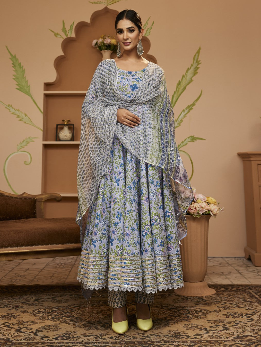 Women's Hand block Floral Printed Blue Anarkali Cotton Kurta With Trousers & Dupatta