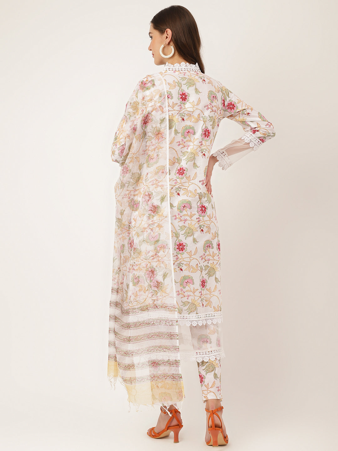 Women's White Hand Block Floral Print Cotton Kurta, Trouser With Dupatta