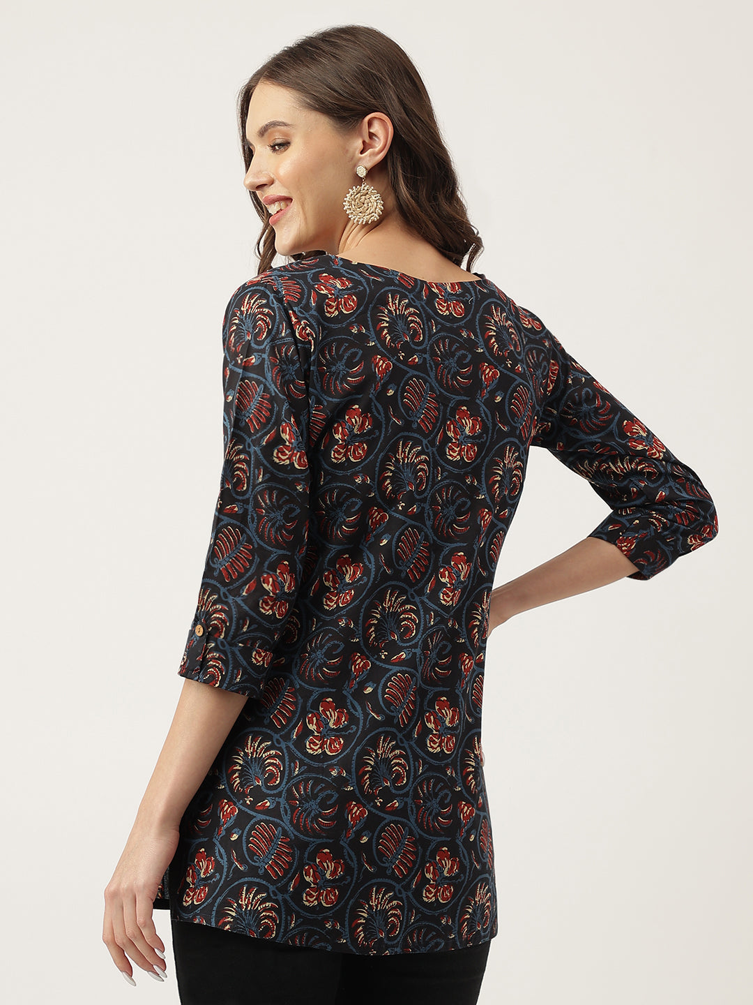 Women's Navy Blue Floral Printed Cotton Peplum fit V-Neck Top