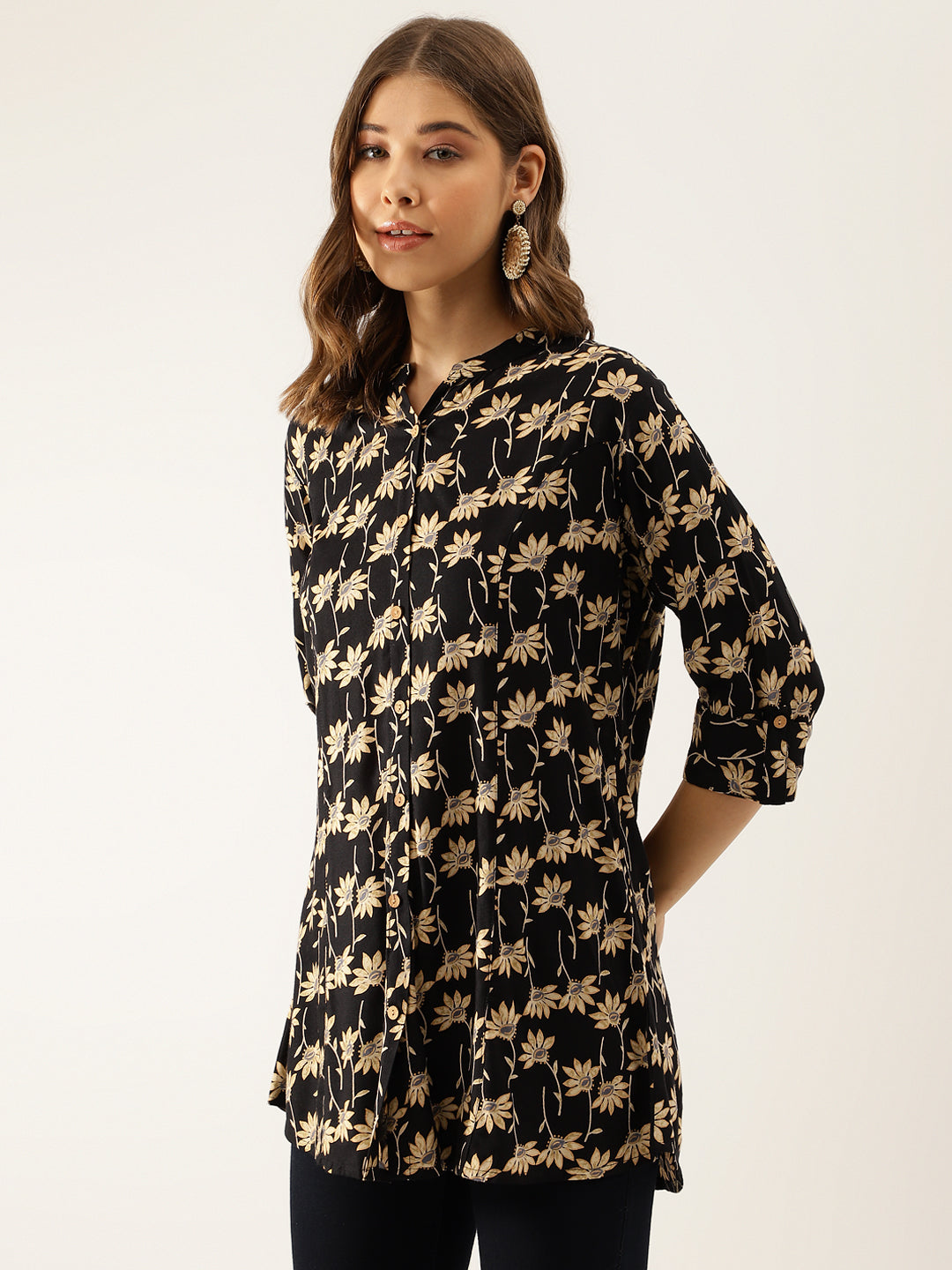 Women's Black Floral Printed Rayon Shirt type Top for Women