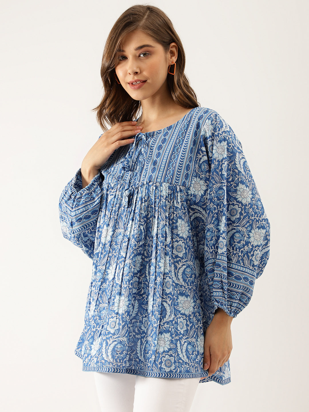 Women's Blue Printed Cotton Peplum top