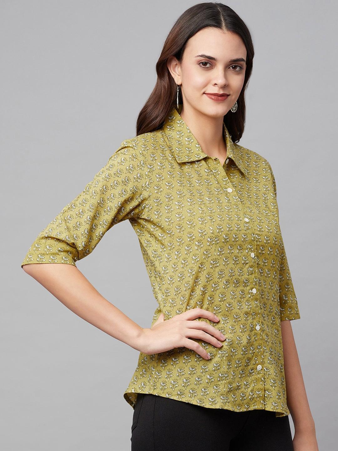 Women's Mehndi Green Block Printed Casual Shirts