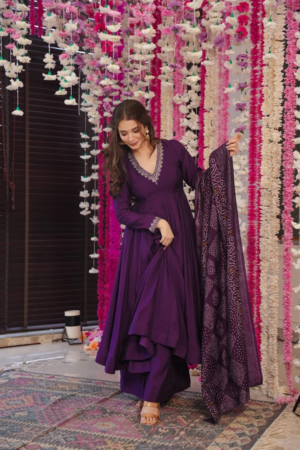 Women's Wine Silk(Pv Chanderi) Embroidery Worked V Shape Kurta Set
