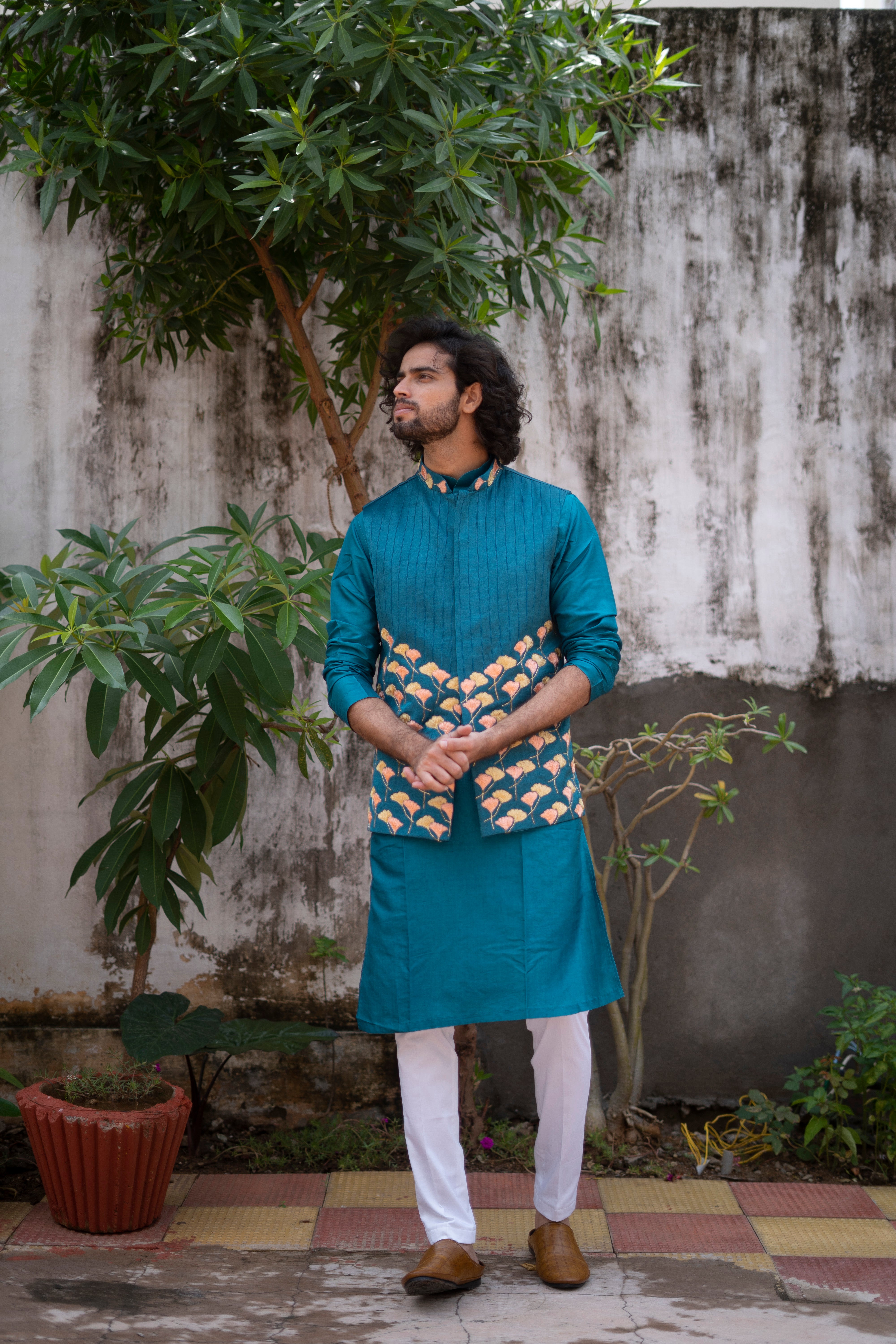 Men's Blue Color Jacket With Kurta Pant Set