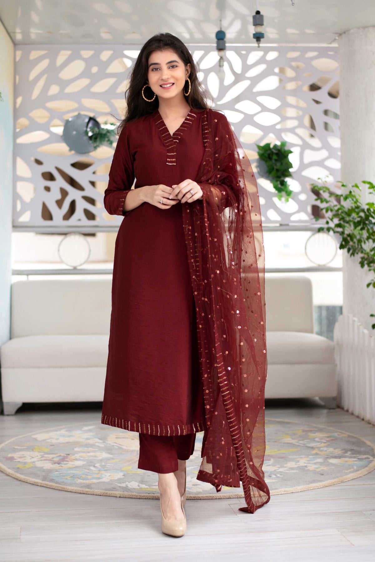 Women's Embellished Maroon Kurta Set (3 Pc Set)