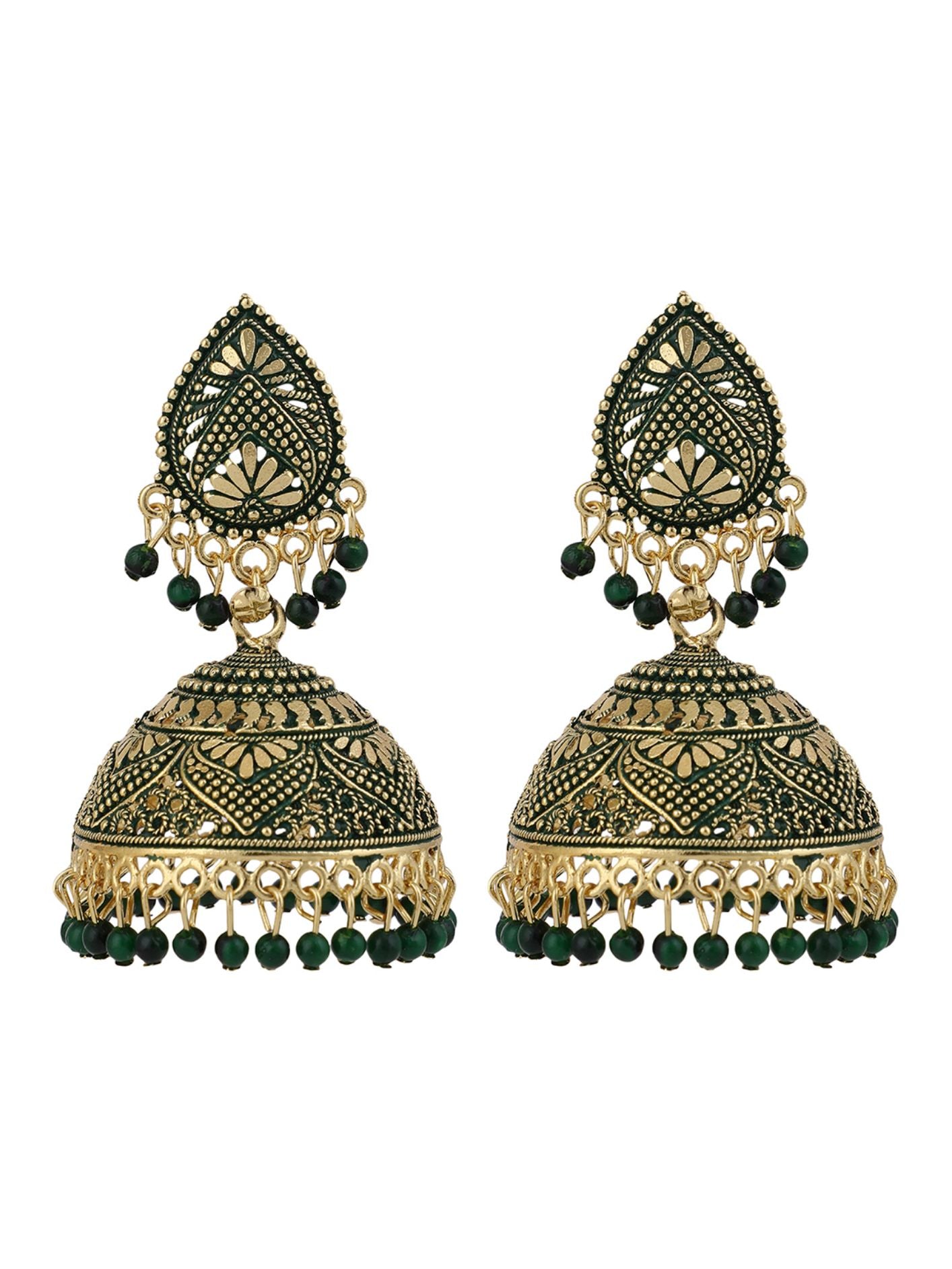Women's Dazzling Gold Plated Traditional Green Brass Enamelled Dome Shaped Jhumka Earring