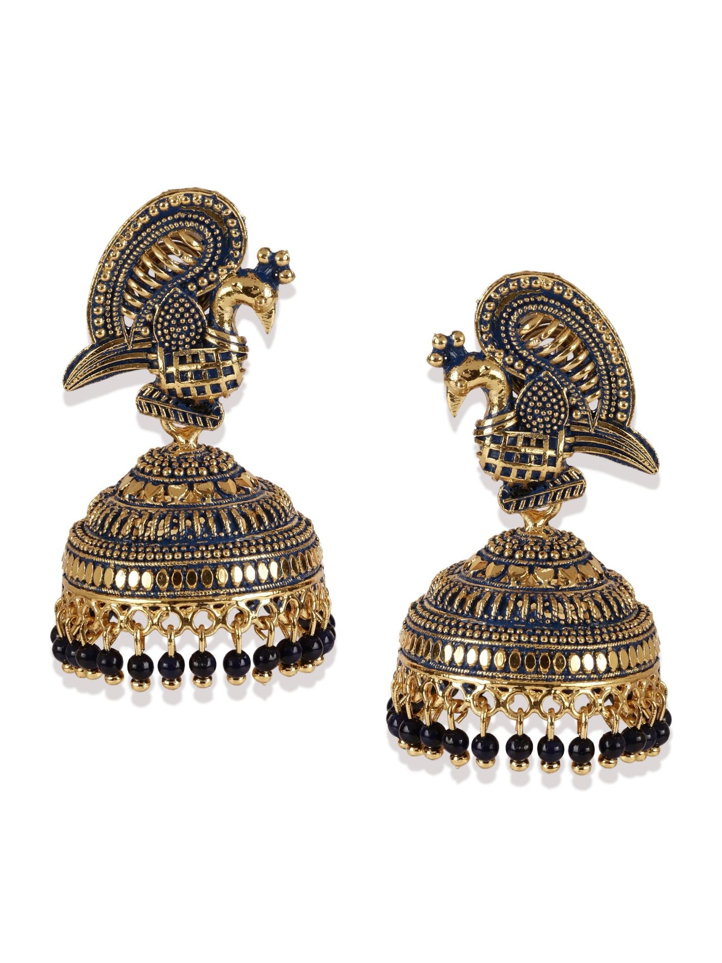 Women's Gold Plated & Blue Enamelled Peacock Shaped Jhumkas