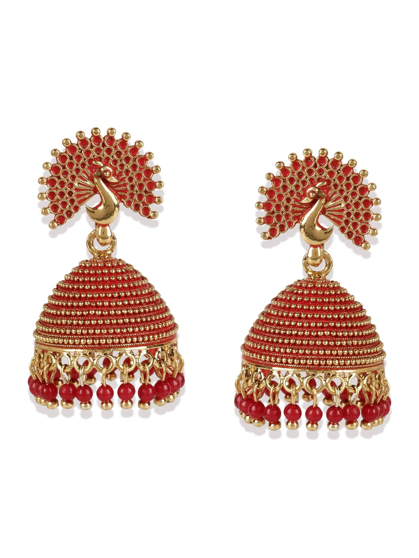 Women's Gold Plated & Red Peacock Shaped Enamelled Jhumkas
