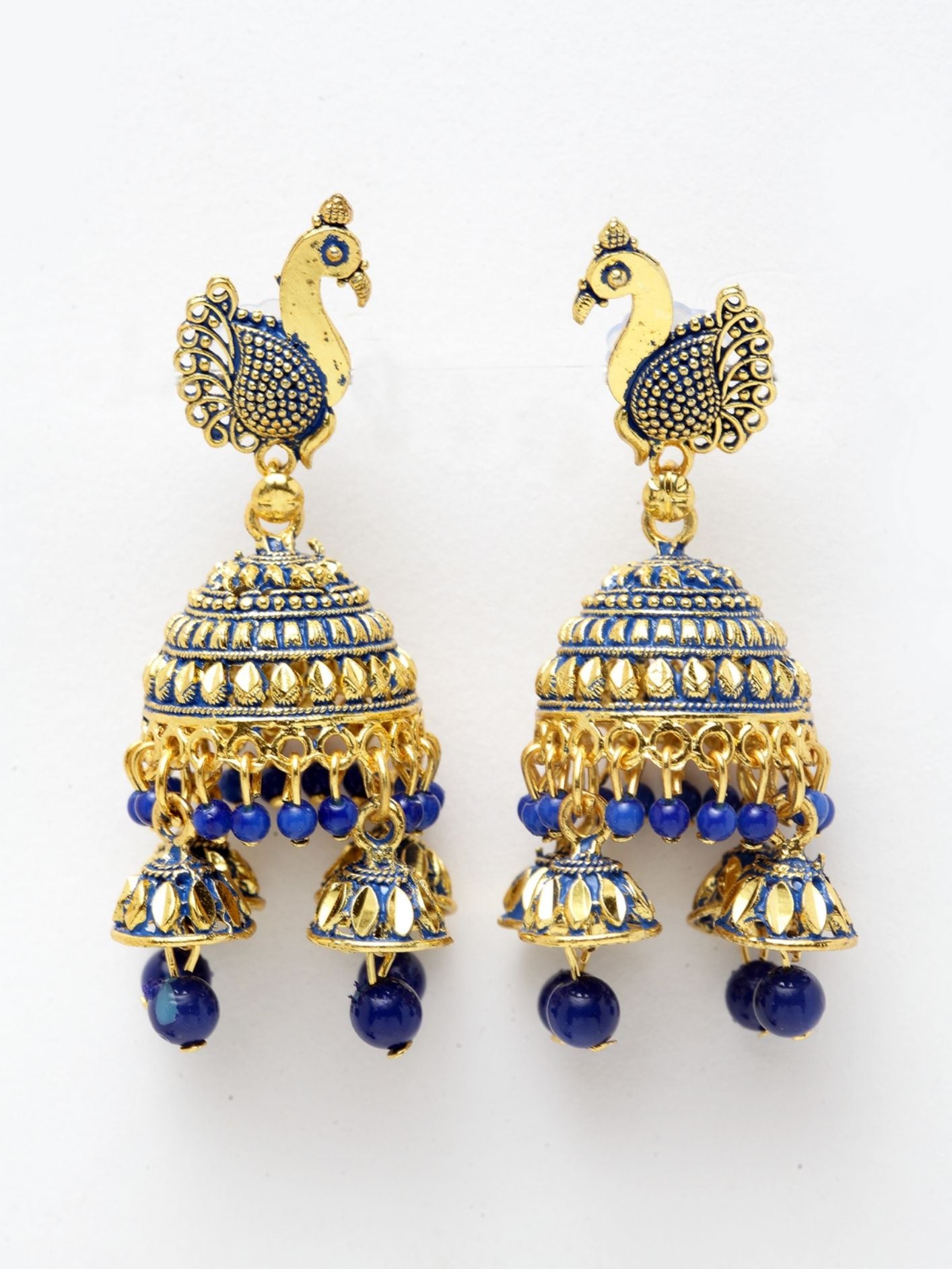 Women's Traditional Gold-Plated Enamelled Peacock With Small Jhumki Feathers-Onesize-Blue