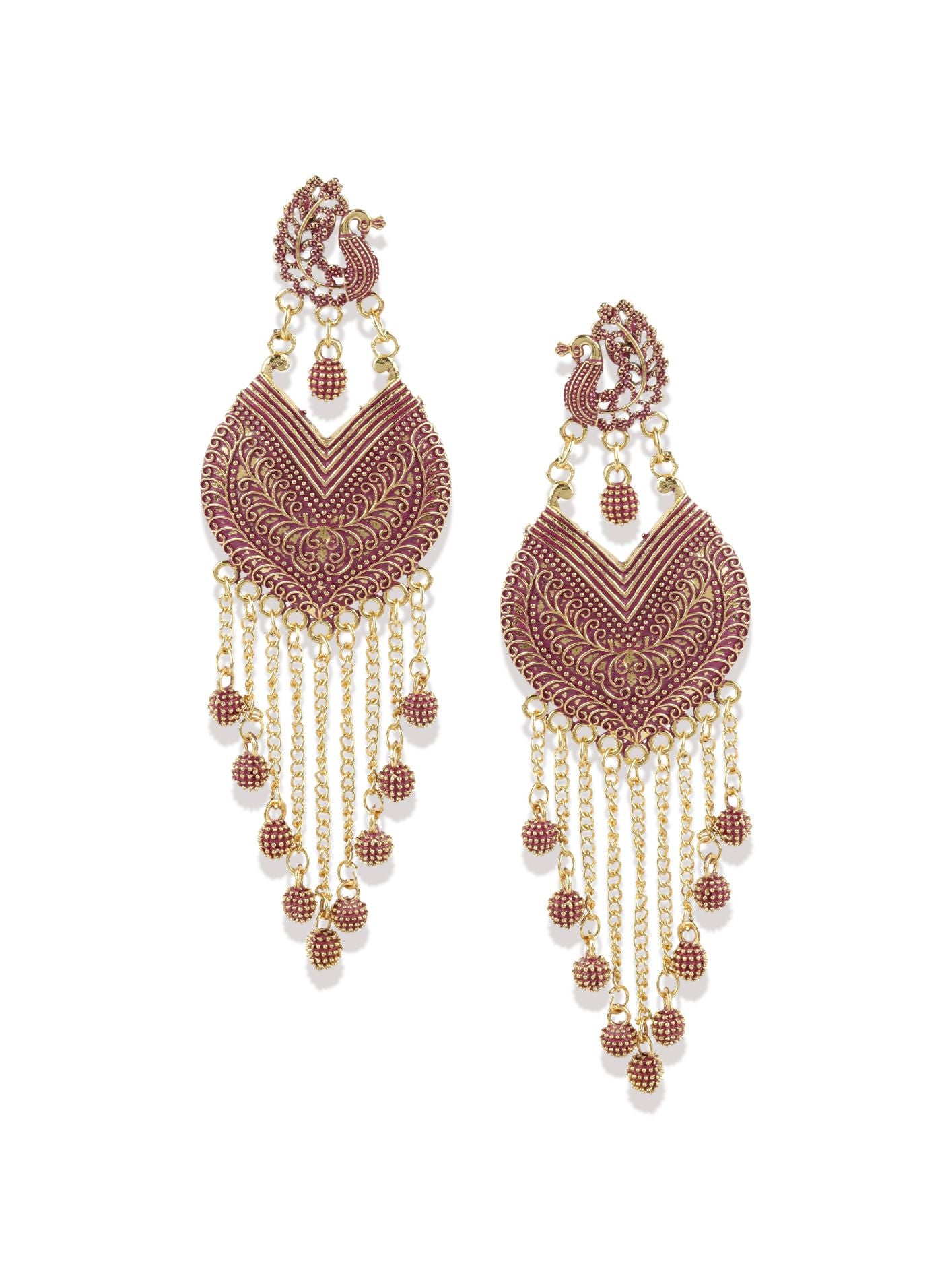 Women's Pink & Gold-Plated Enamelled Peacock Shaped Drop Earrings