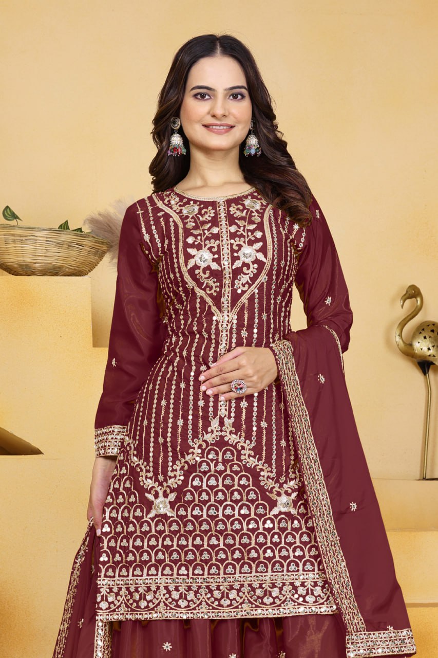 Women's Maroon Crepe Silk Party Wear Embroidery Sharara Set