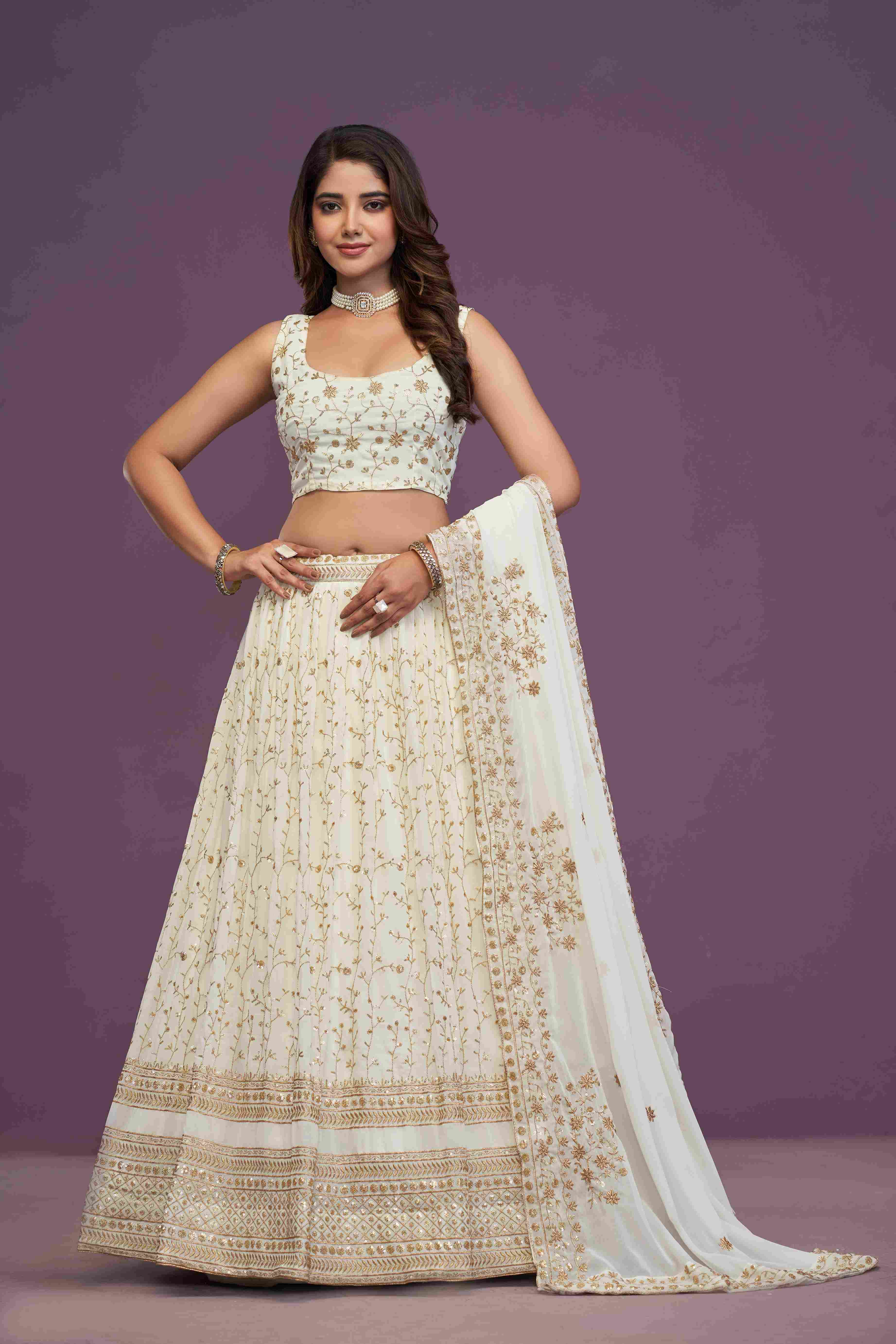 Women's White Georgette Embroidered Lehenga Set