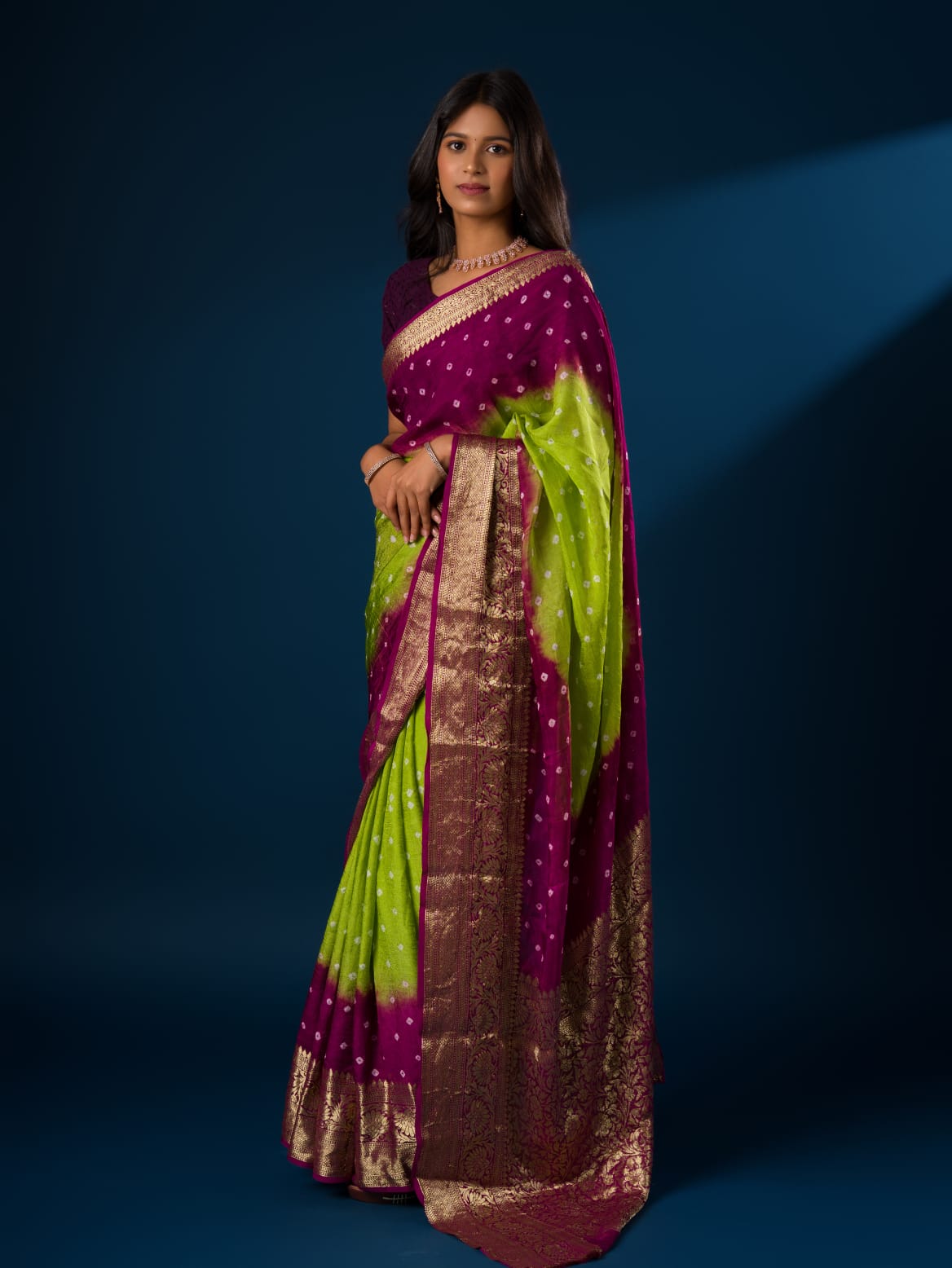 Women's Viscos Silk Bandhani Saree With Zari Border sam Parrot Purple