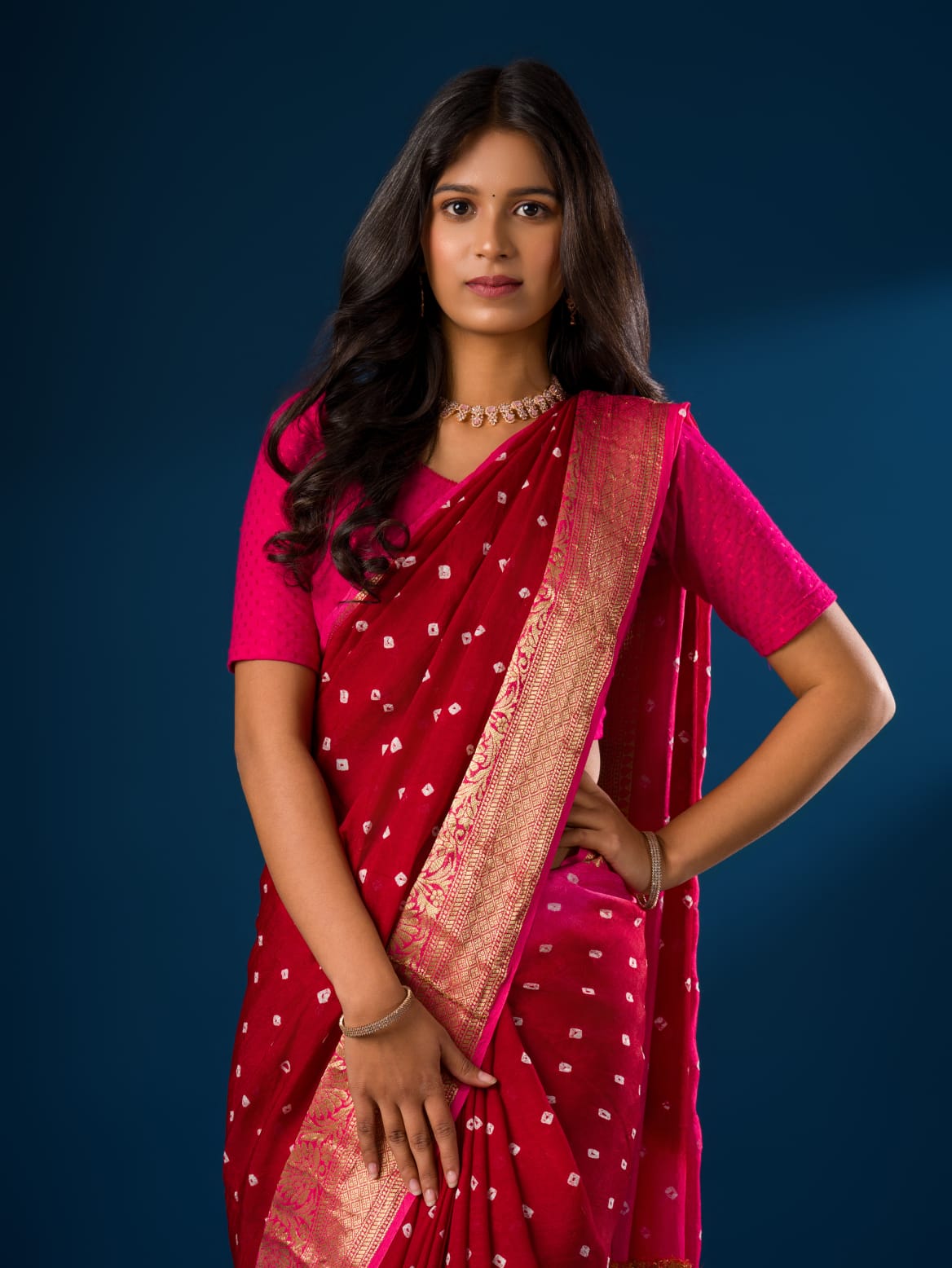 Women's Viscos Silk Bandhani Saree With Zari Border sam Mehroon Rani