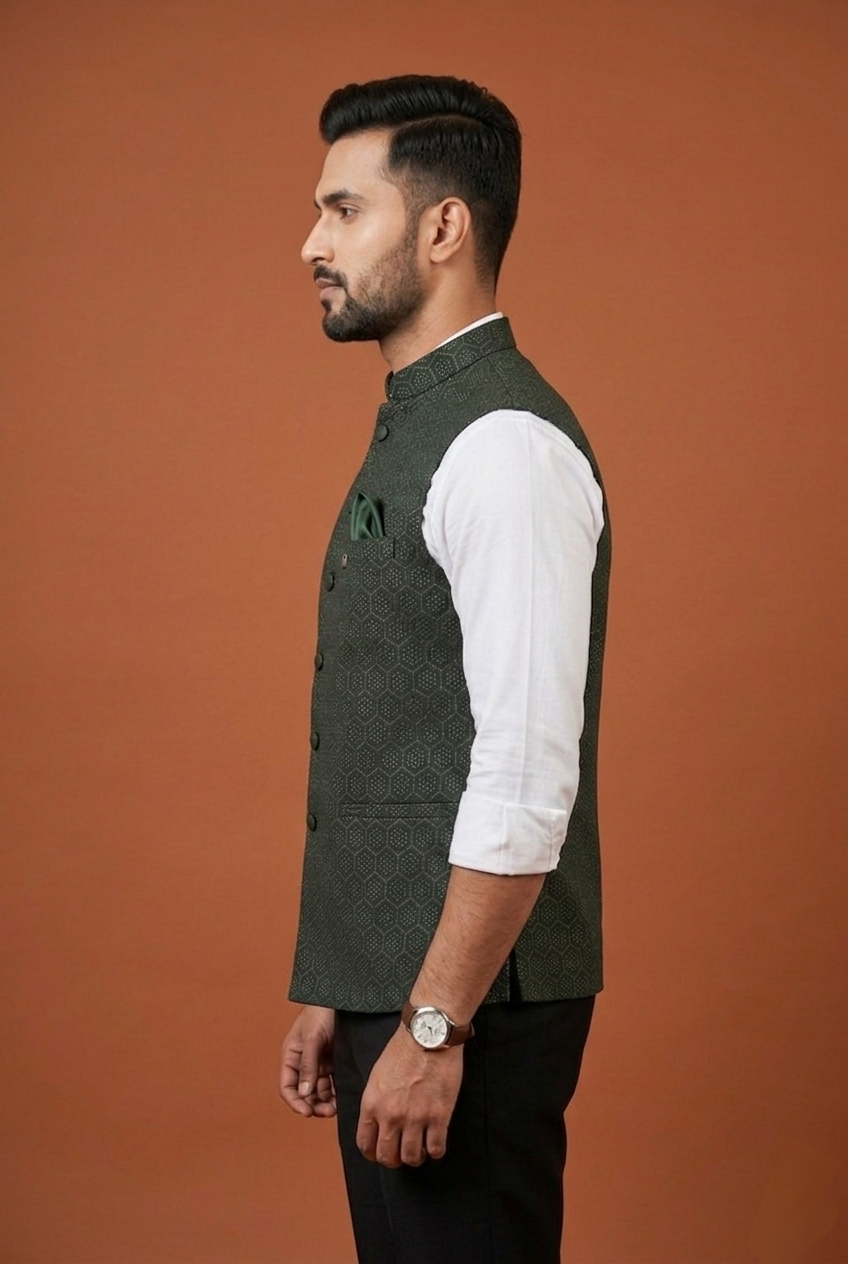 Men's Bottle Green Silk Zari Work Nehru Jacket