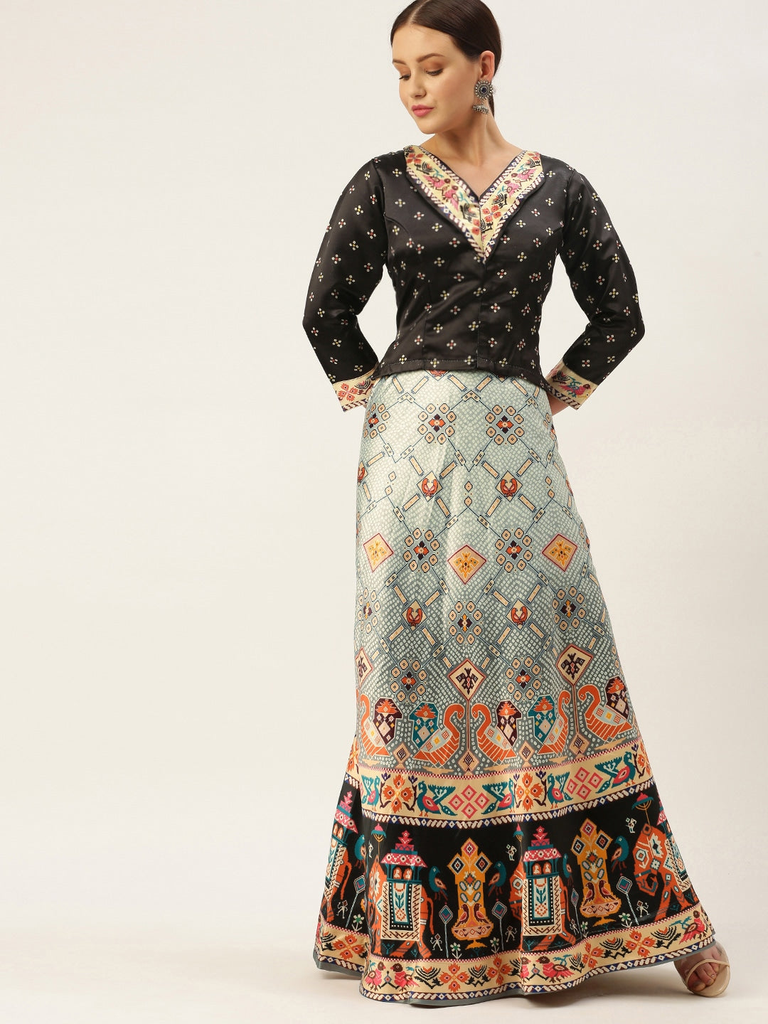 Women's Bandhni Patola Type Digital Print Shiney Satin Croptop Lehenga Choli With Unstitched Blouse