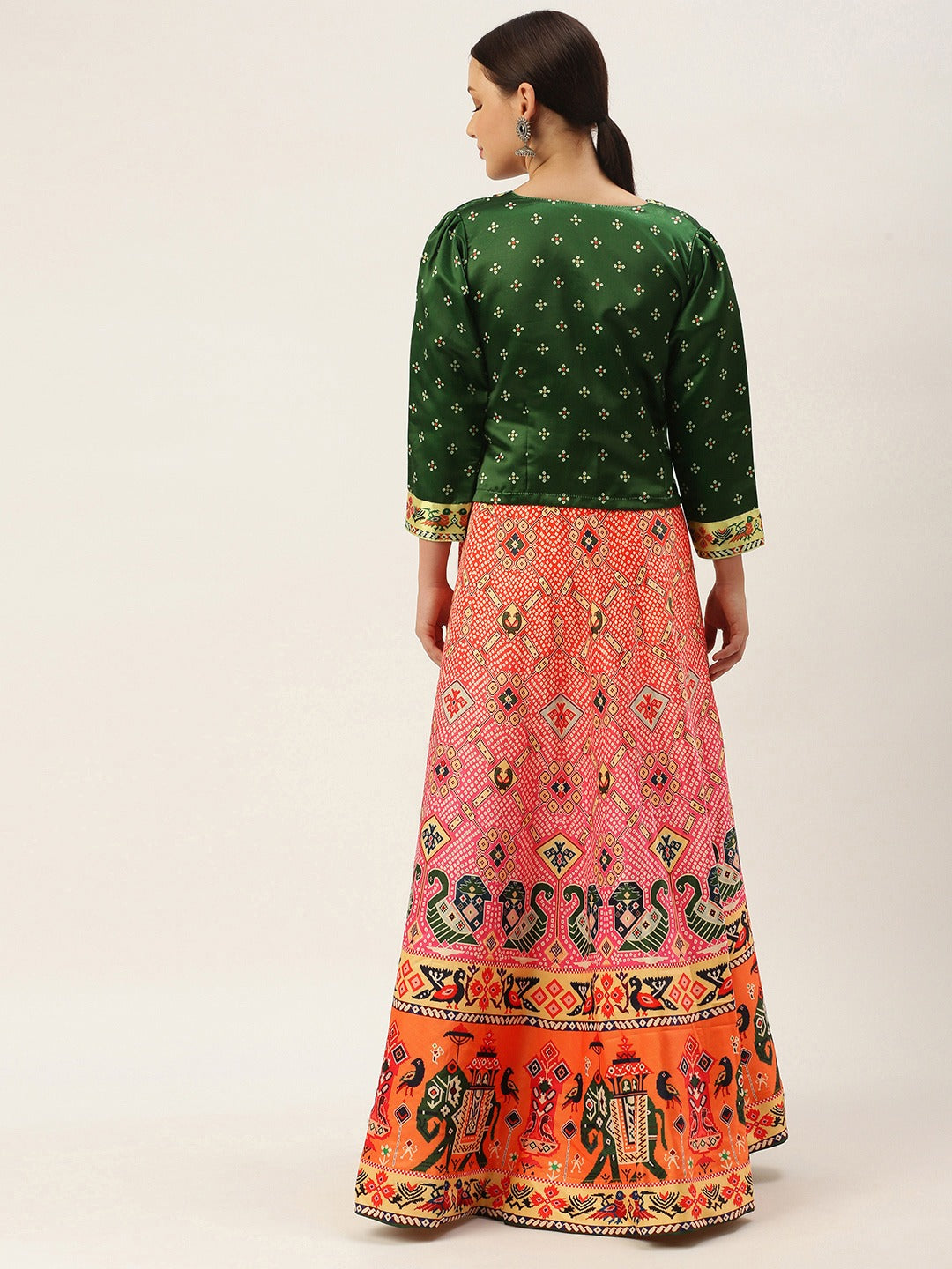 Women's Bandhni Patola Type Digital Print Shiney Satin Croptop Lehenga Choli With Unstitched Blouse