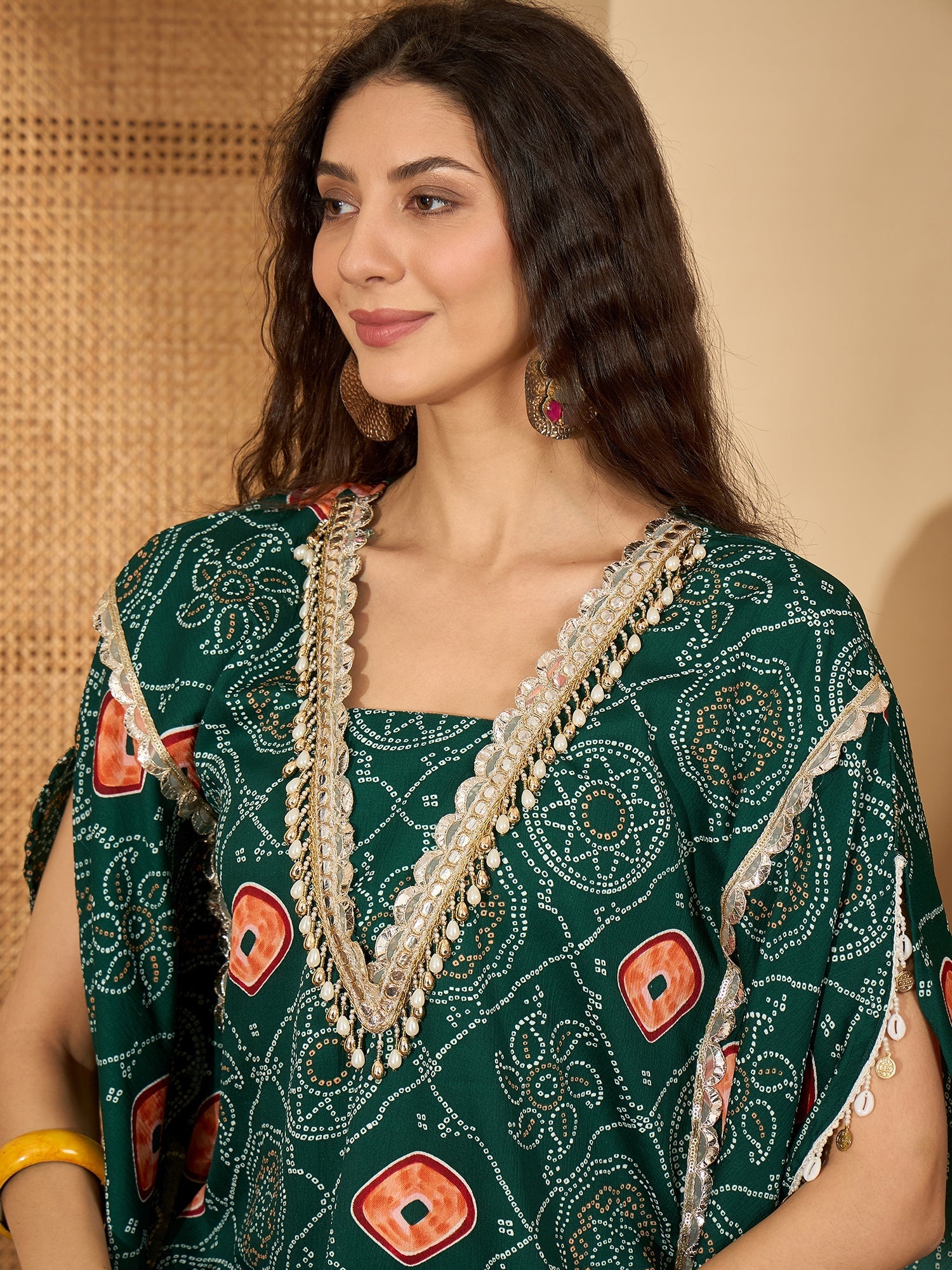 Women's Green Bandhej Printed Crepe Kaftan Sharara Set