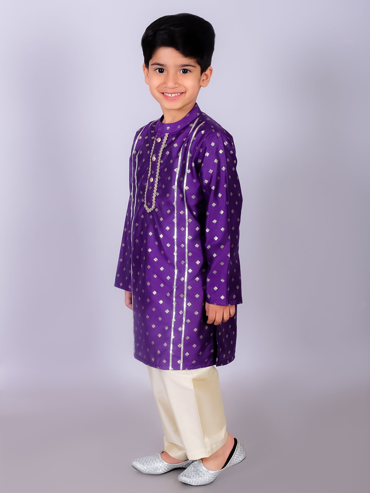 Boy's Ethnic Purple Kurta With Golden Pant Set