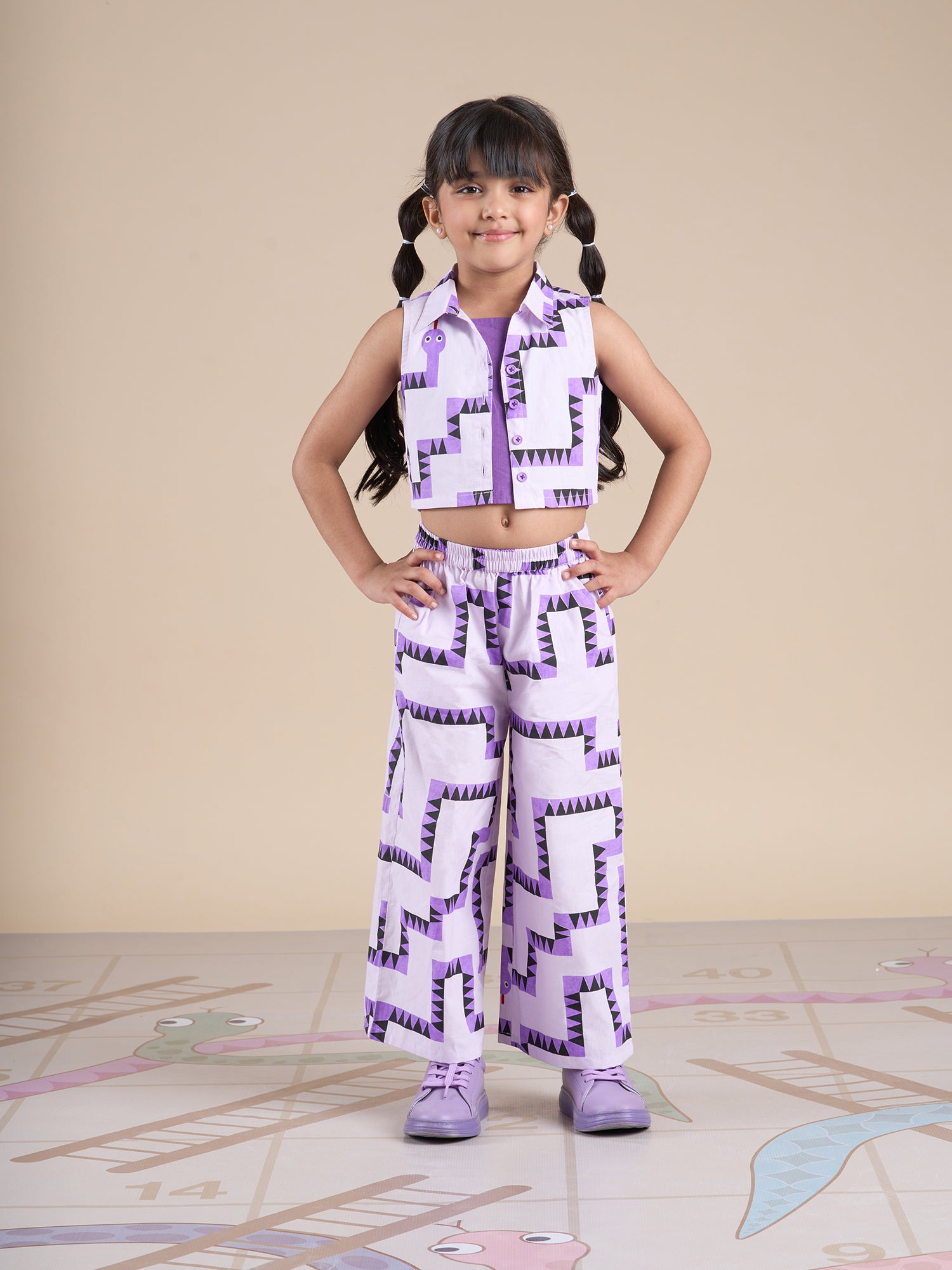 Snakes And Ladders Girls Purple Table Print Top And Pant Set From Siblings Collection