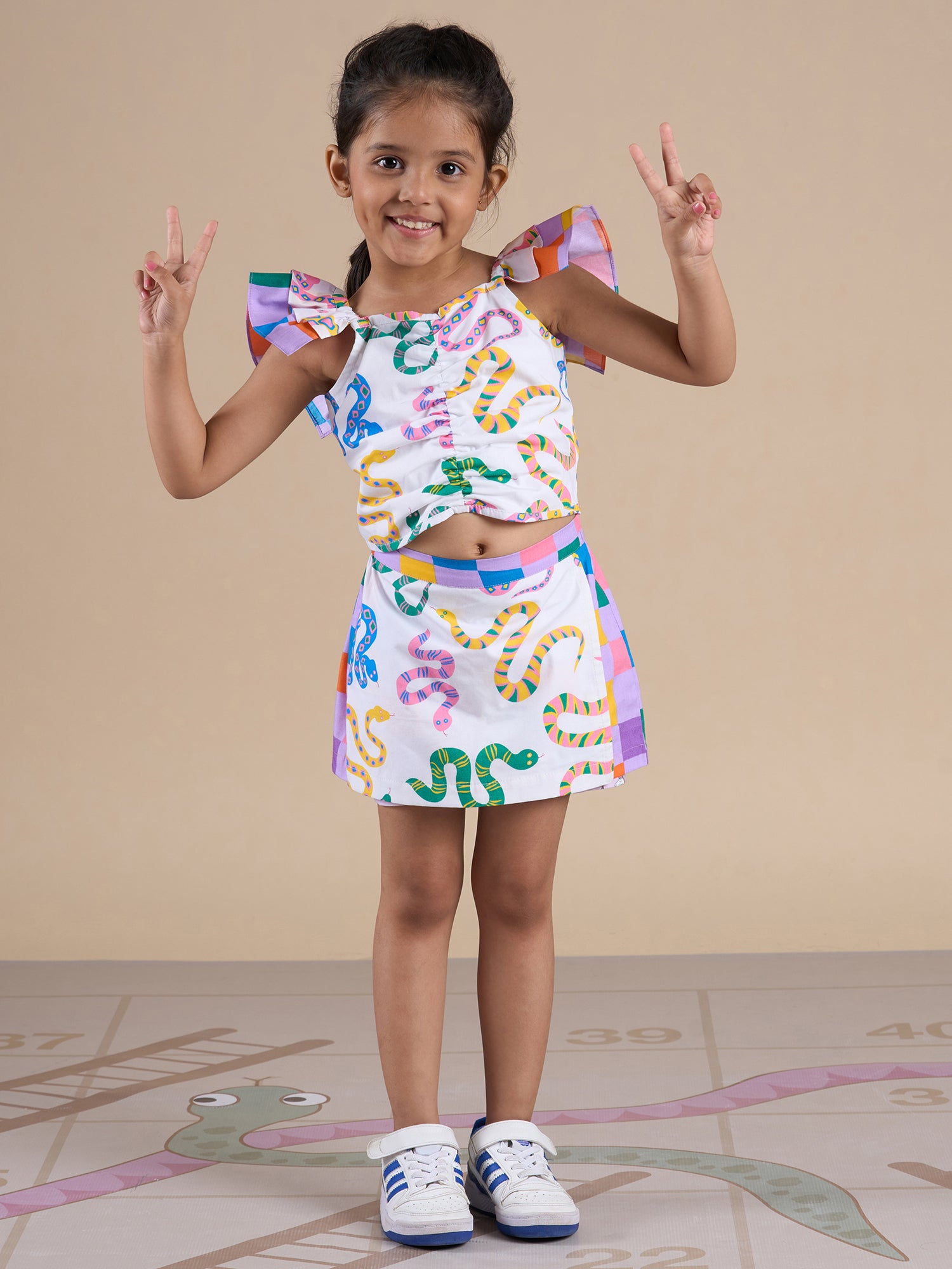 Snakes And Ladders Girls Multi Color Snake Print Top And Shorts Set From Siblings Collection