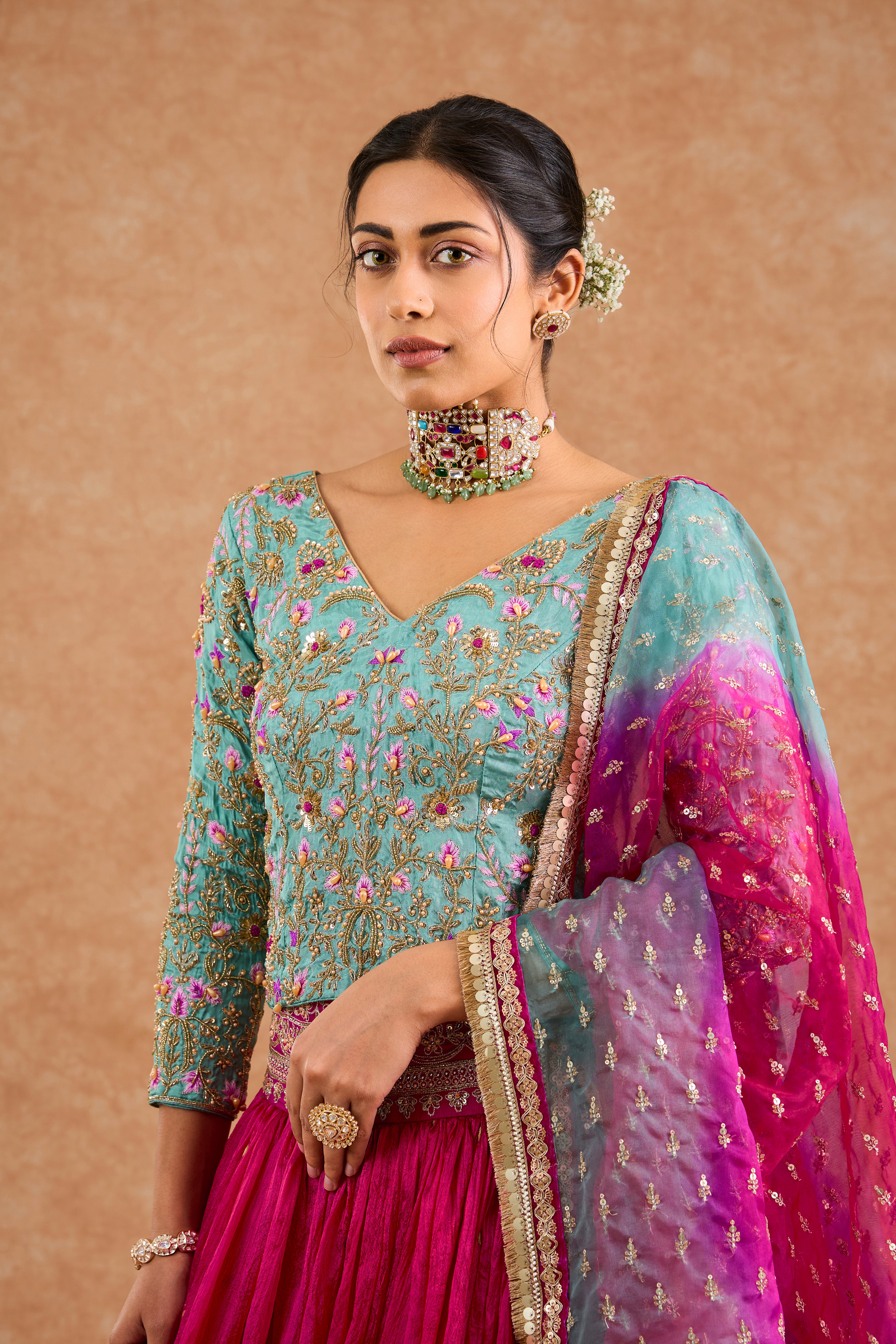Women's Pink Viscose Silk Floral Straight Lehenga Set