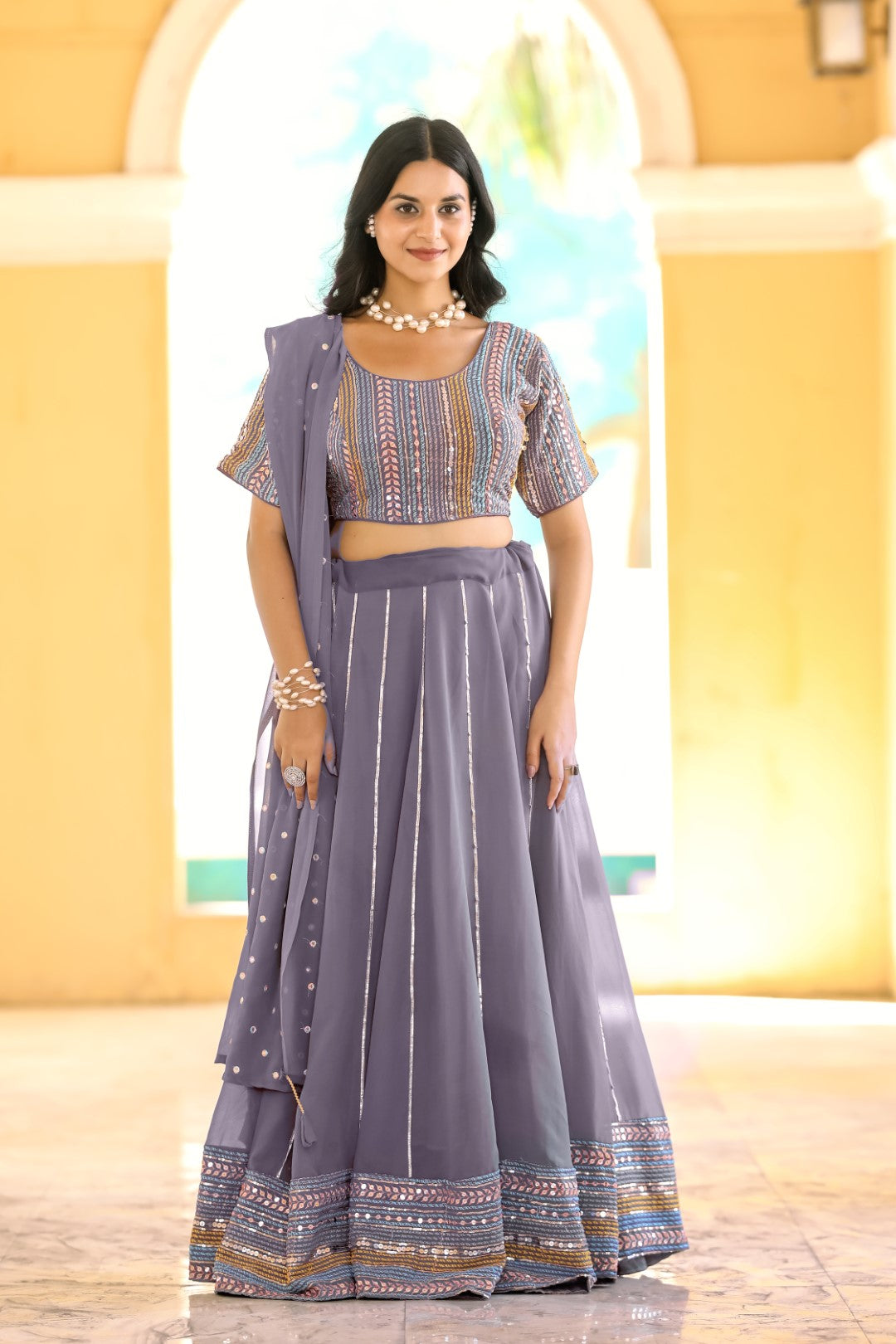 Women's Purple Georgette Heavy Sequins Embroidery Lehenga Set