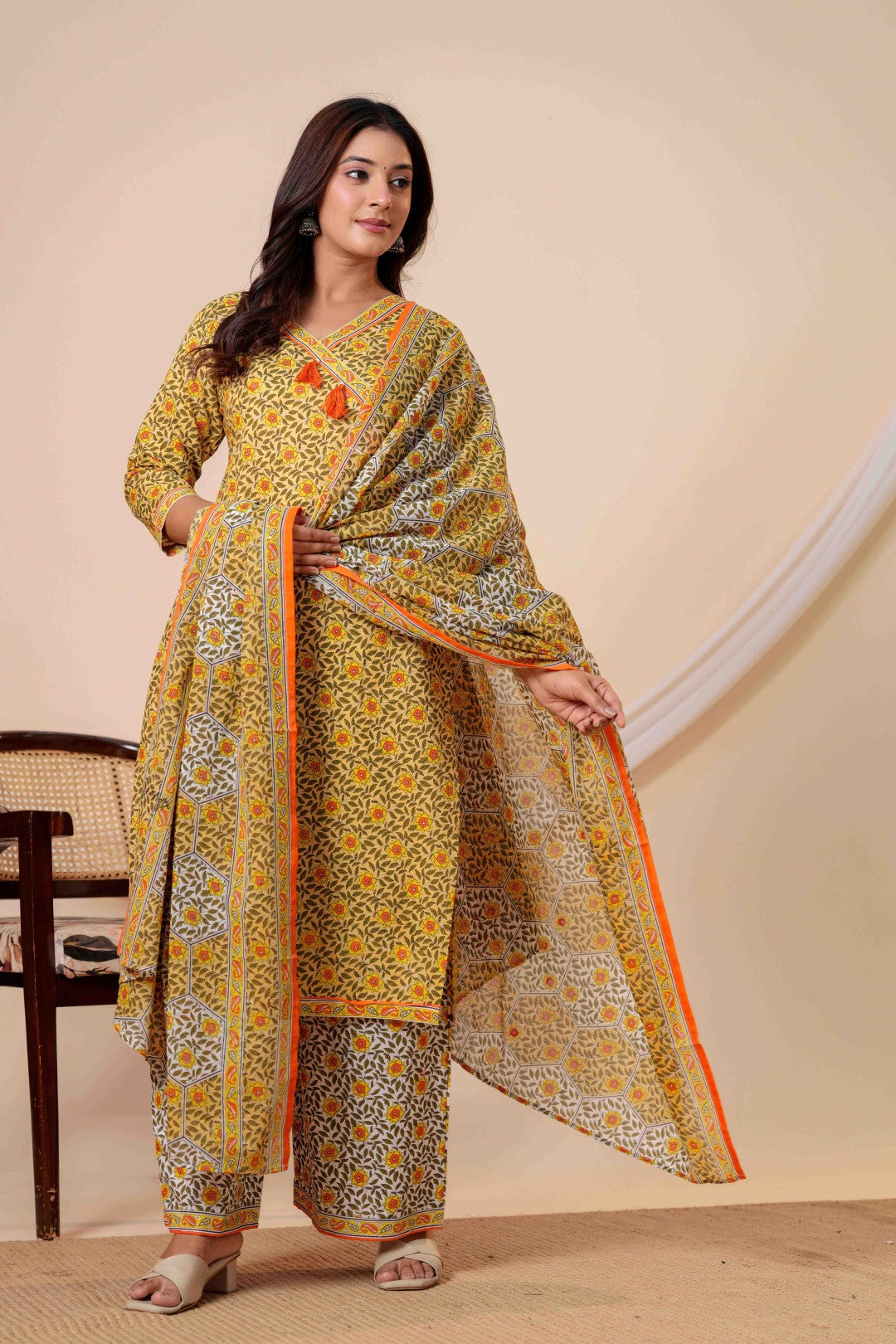 Women's Yellow Angrakha Printed Cotton Kurta Pant And Dupatta Set