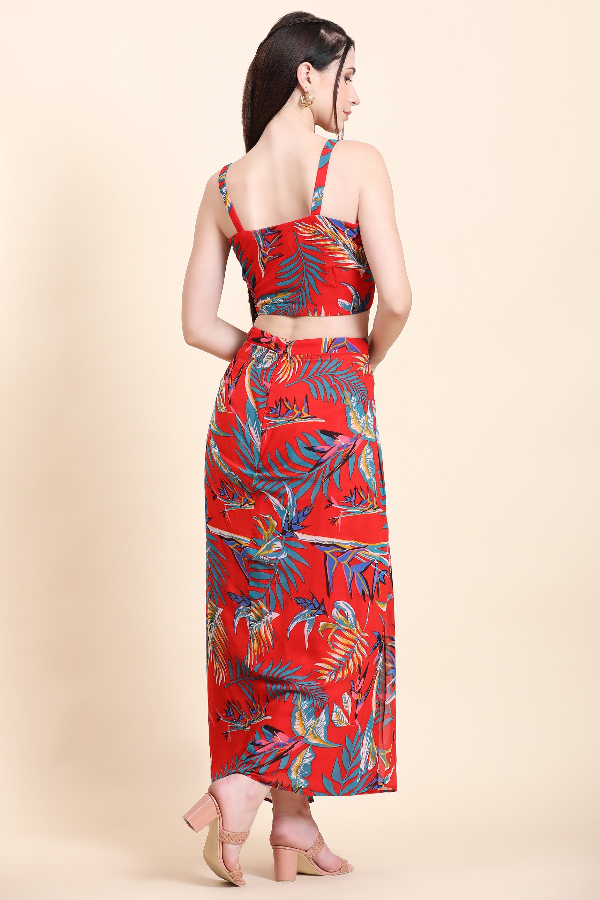 Women's Red base Leaf print Georgette Blouse, Cape, Dhoti drape Skirt set