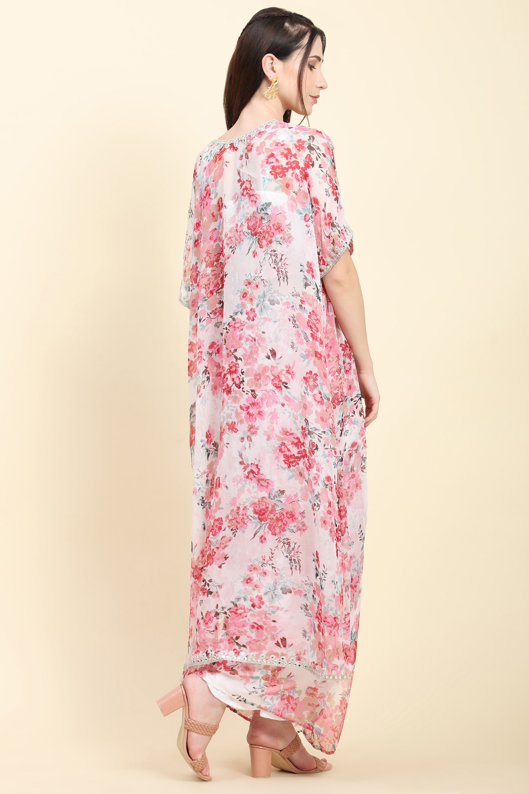 Women's White base Pink Floral print Chiffon Blouse, Cape, Dhoti drape Skirt set