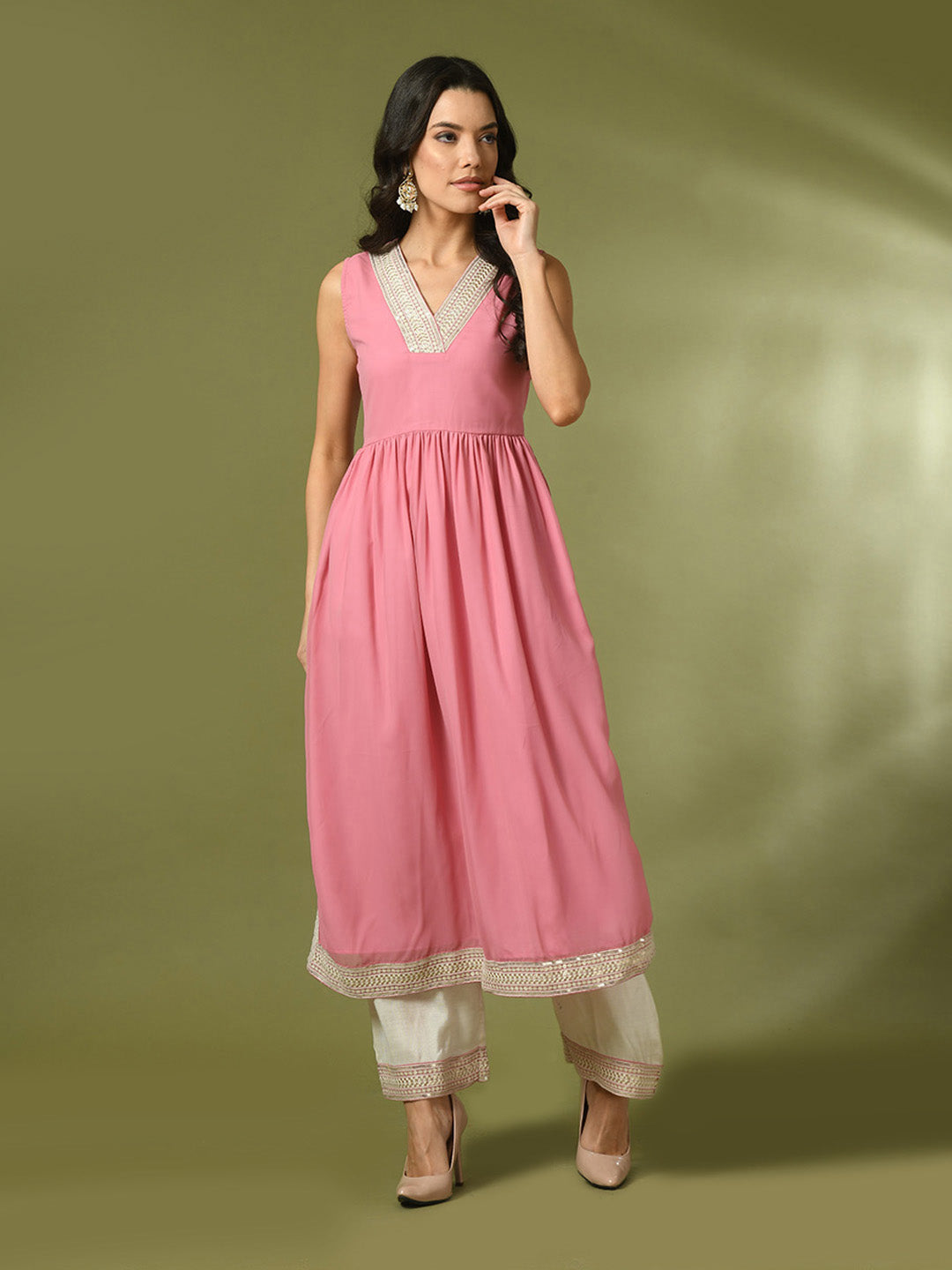 Women's Pink Solid Georgette Anarkali Party Kurta Sets