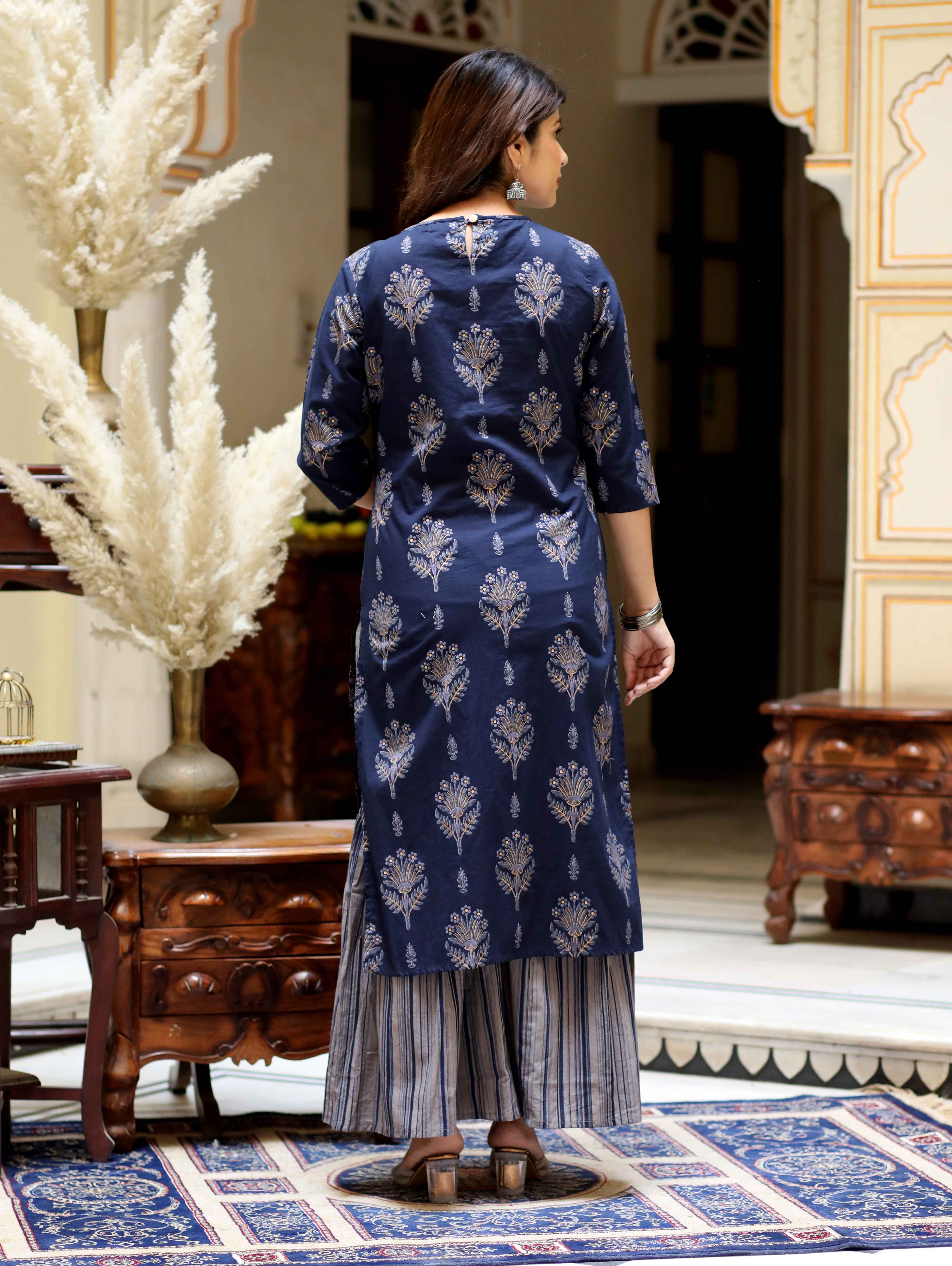 Women's Cotton Floral Printed Blue Kurta With Grey Sharara Set