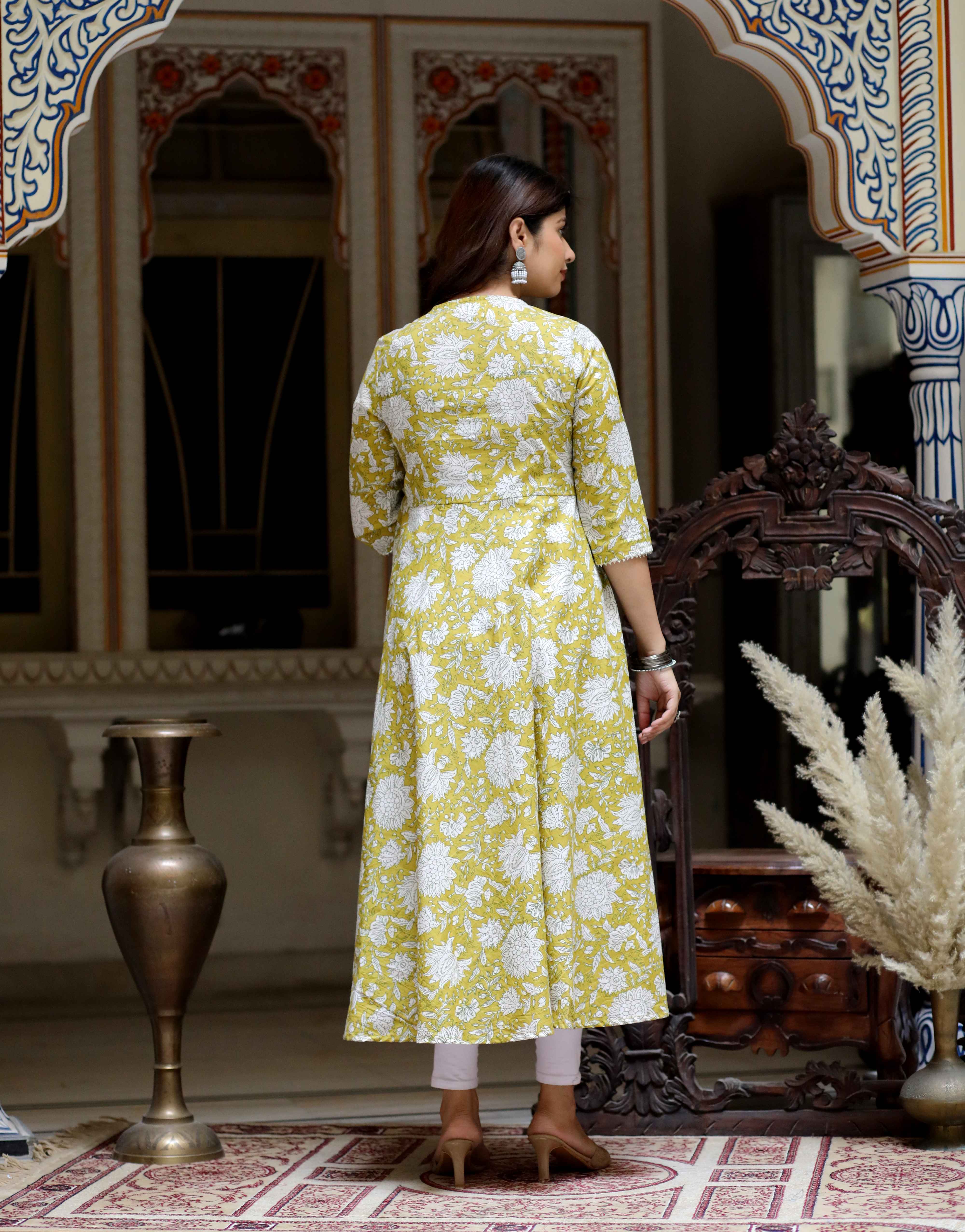 Women's Floral Print Cotton Yellow Anarkali Kurta And Side Dori Tassel With Dupatta Set