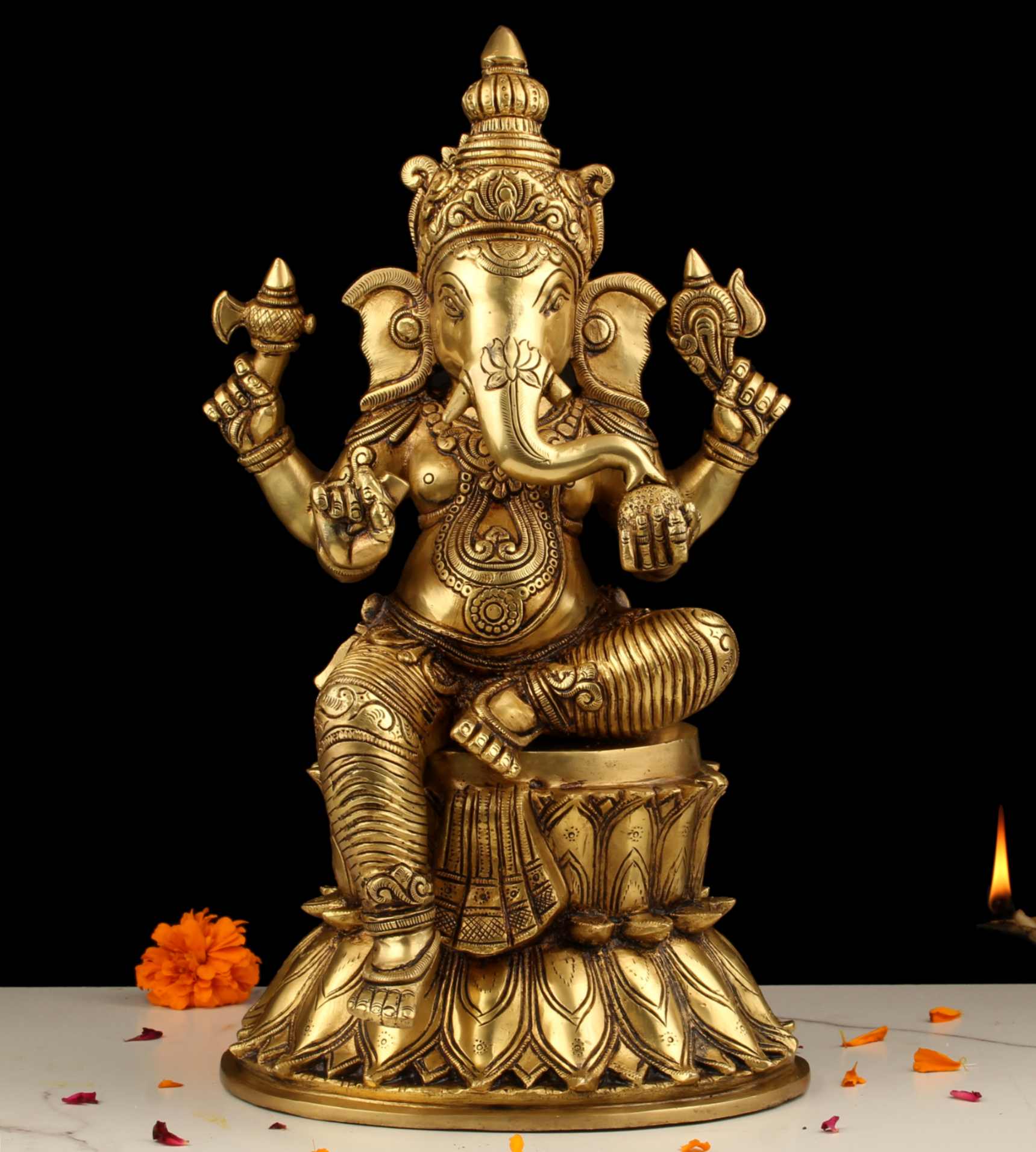 Brass Lord Ganesha Seated on Lotus – 15 Inch