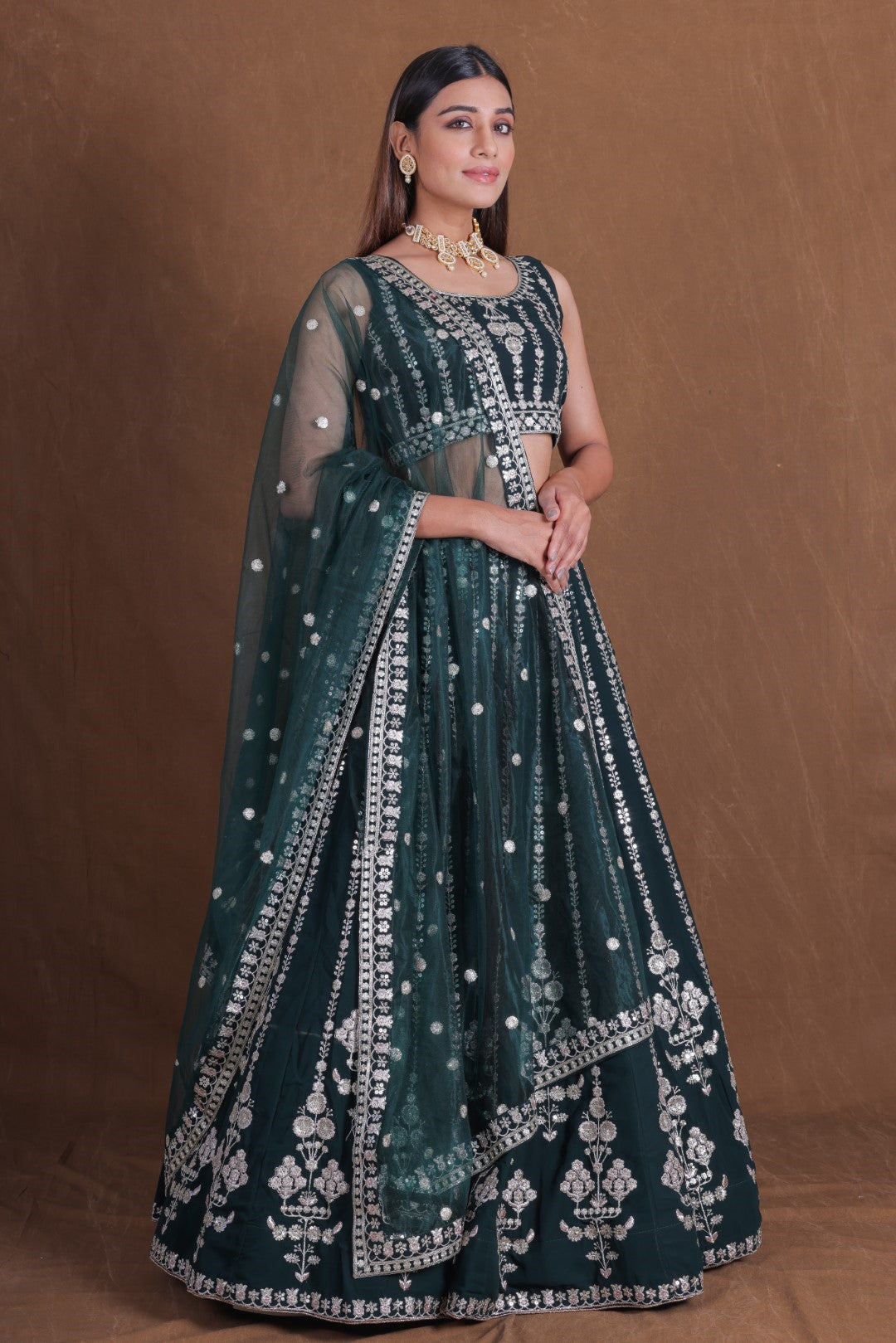 Women's Bottle Green Georgette Embroidered Lehenga Set