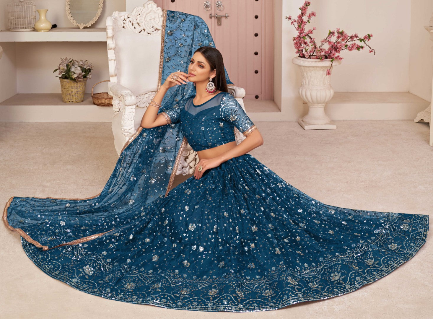 Women's Sea Green Net Thread Embroidery Lehenga Set