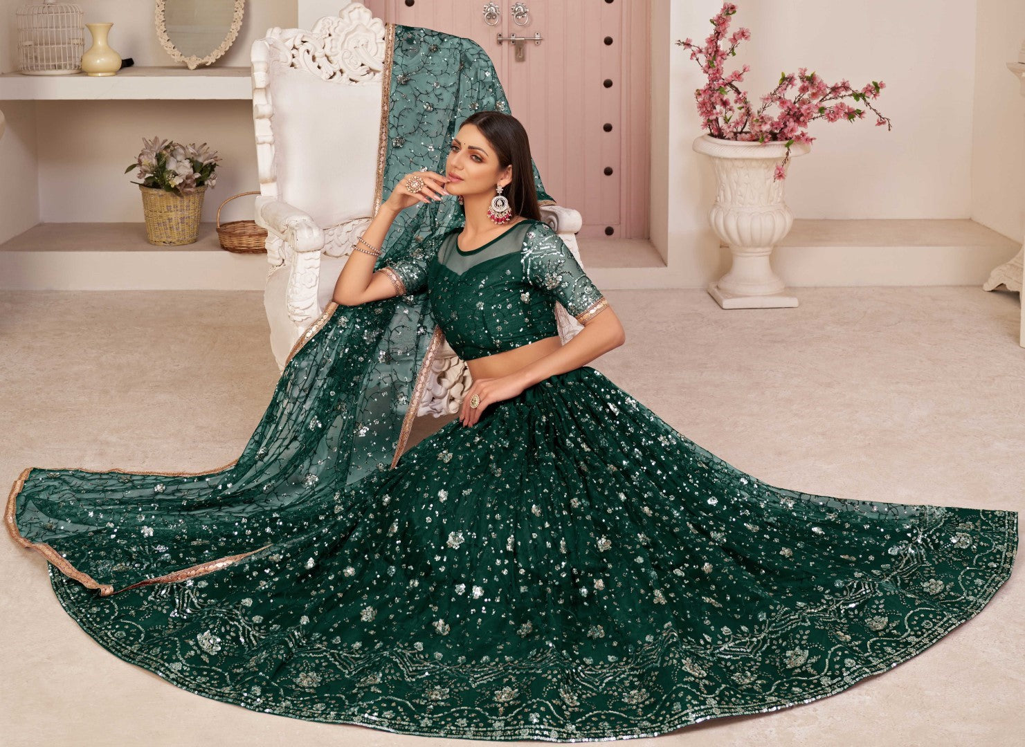 Women's Dark Green Net Thread Embroidery Lehenga Set