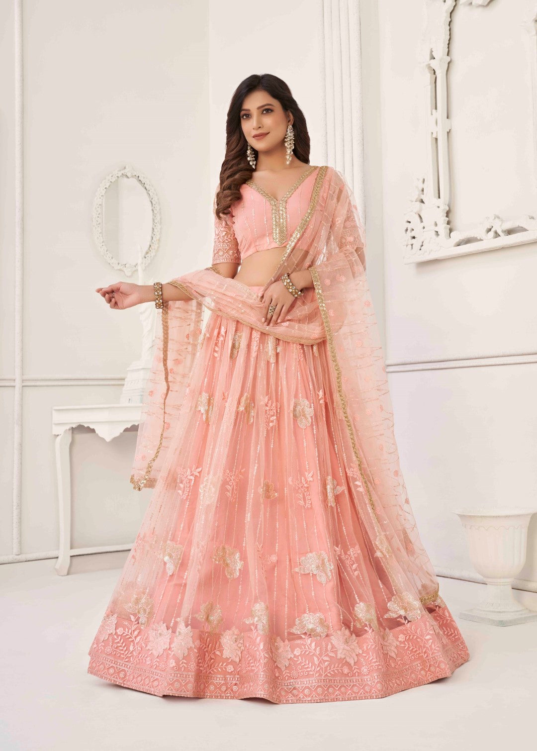 Women's Peach Net Thread Embroidery Lehenga Set