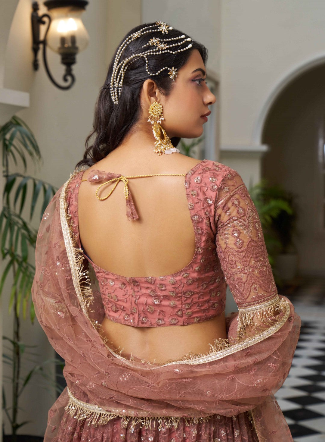 Women's Rust Net Thread Embroidery Lehenga Set
