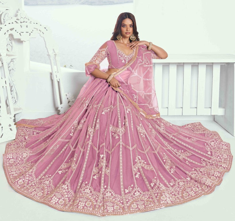 Women's Pink Net Thread Embroiderey With All Over Sequins Work Lehenga Sets