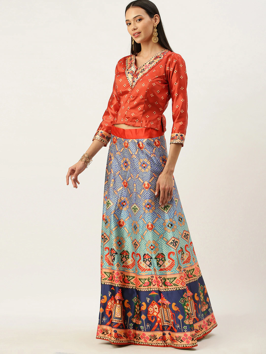Women's Bandhni Patola Type Digital Print Shiney Satin Croptop Lehenga Choli With Unstitched Blouse