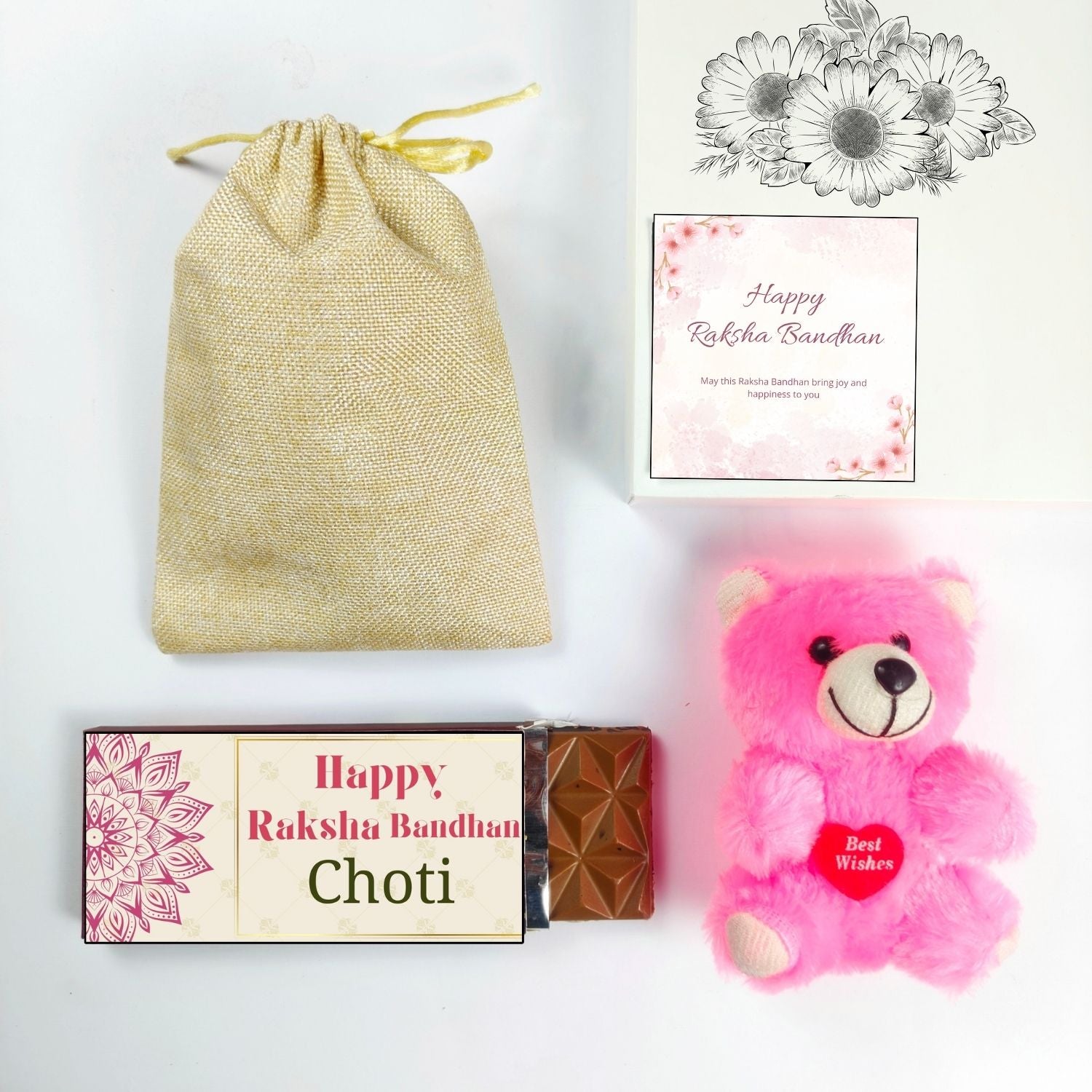 Unique Raksha Bandhan Hamper For Sister With Choti Theme 35G Chocolate Bar,Teddy And Greeting Card | Best For Sister
