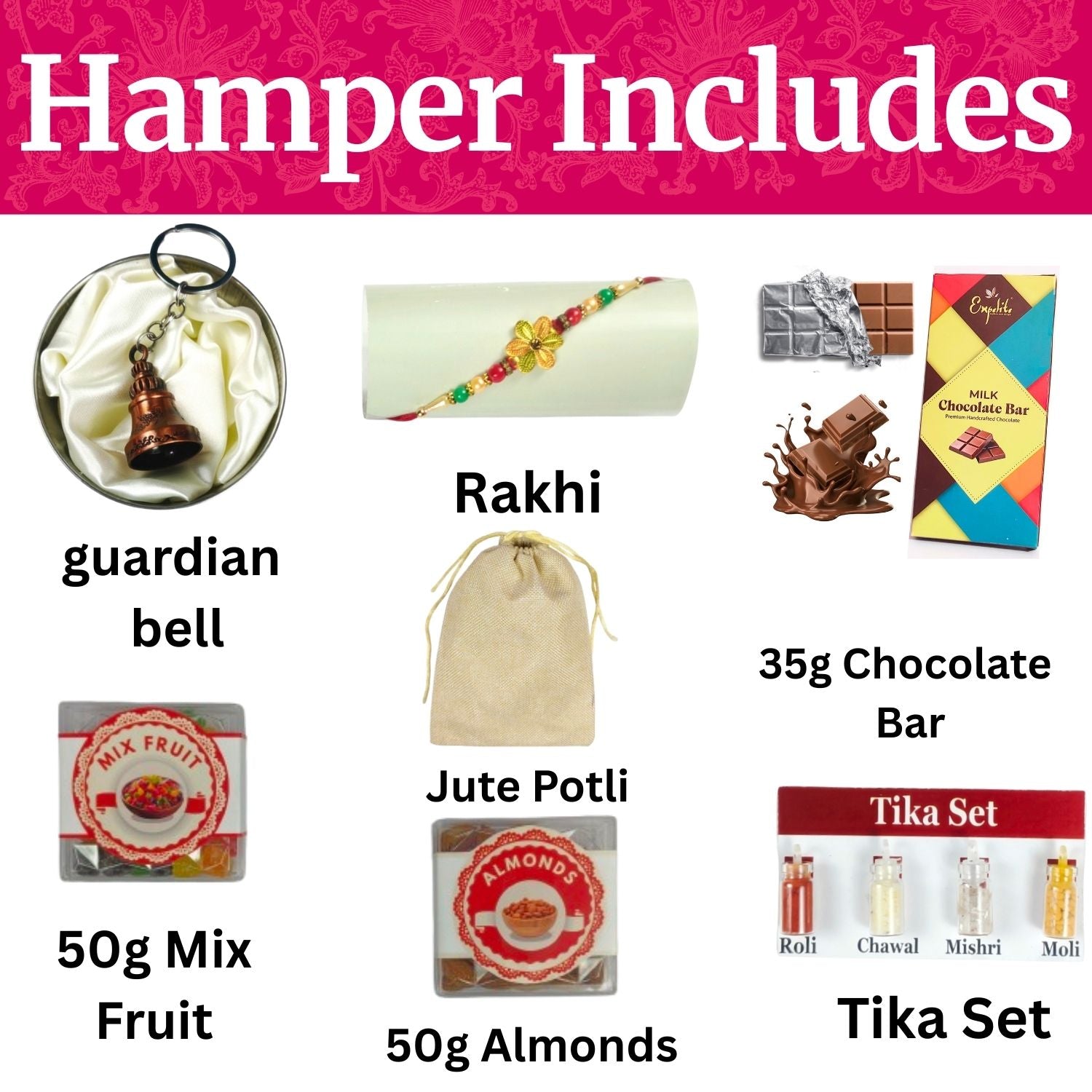 Special Rakhi Gift Hamper For Brother, Rakhi Gift For Brother Kids, Raksha Bandhan Gift For Bhai With 35G Chocolate Bar, Rakhi, Tika Set, Greeting Card, Jute Potli And 50G Almonds And 50G Mix Fruit , Best Rakhi Gift Hamper For Bhai