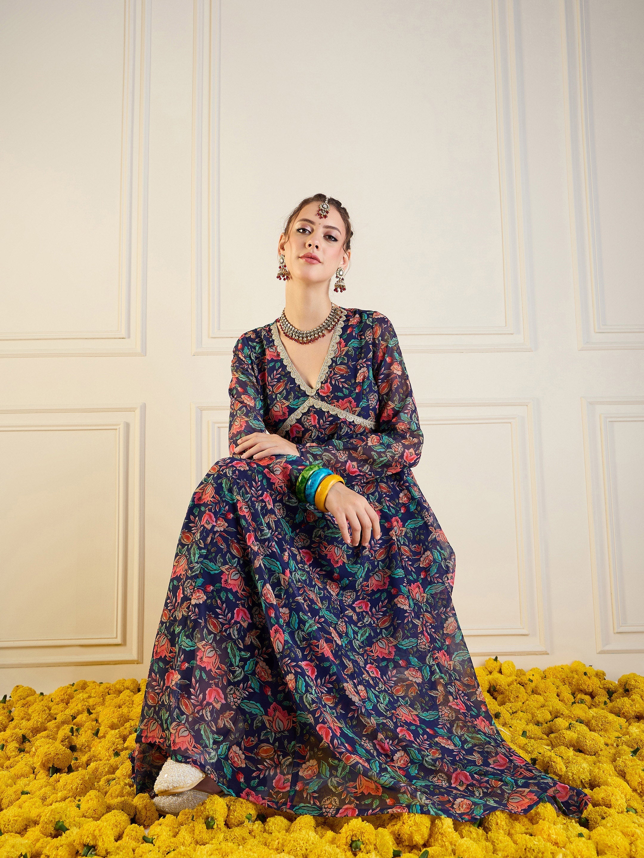 Women's Dark Blue Floral Kurta