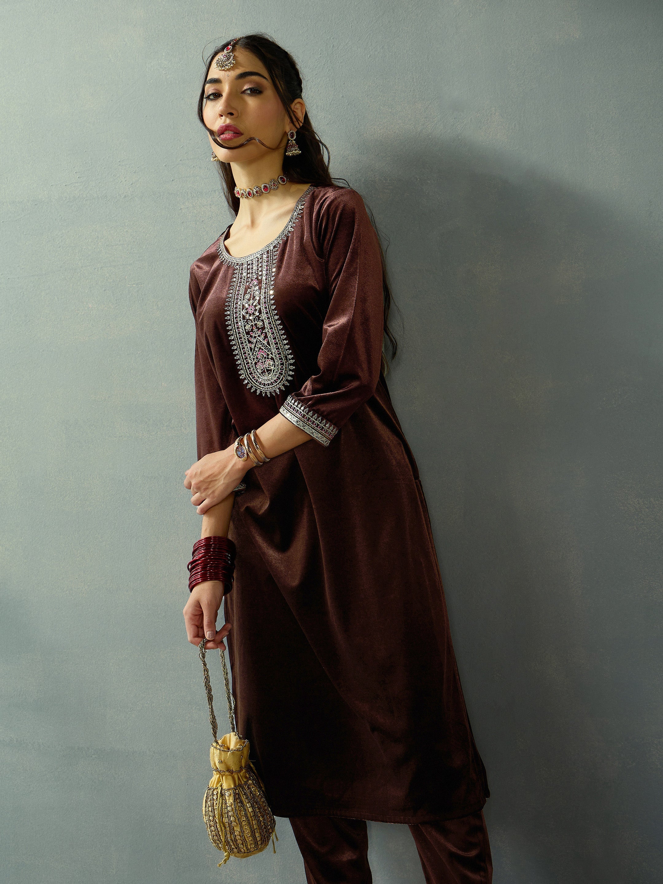 Women's Brown Embroidered Co-Ord Set