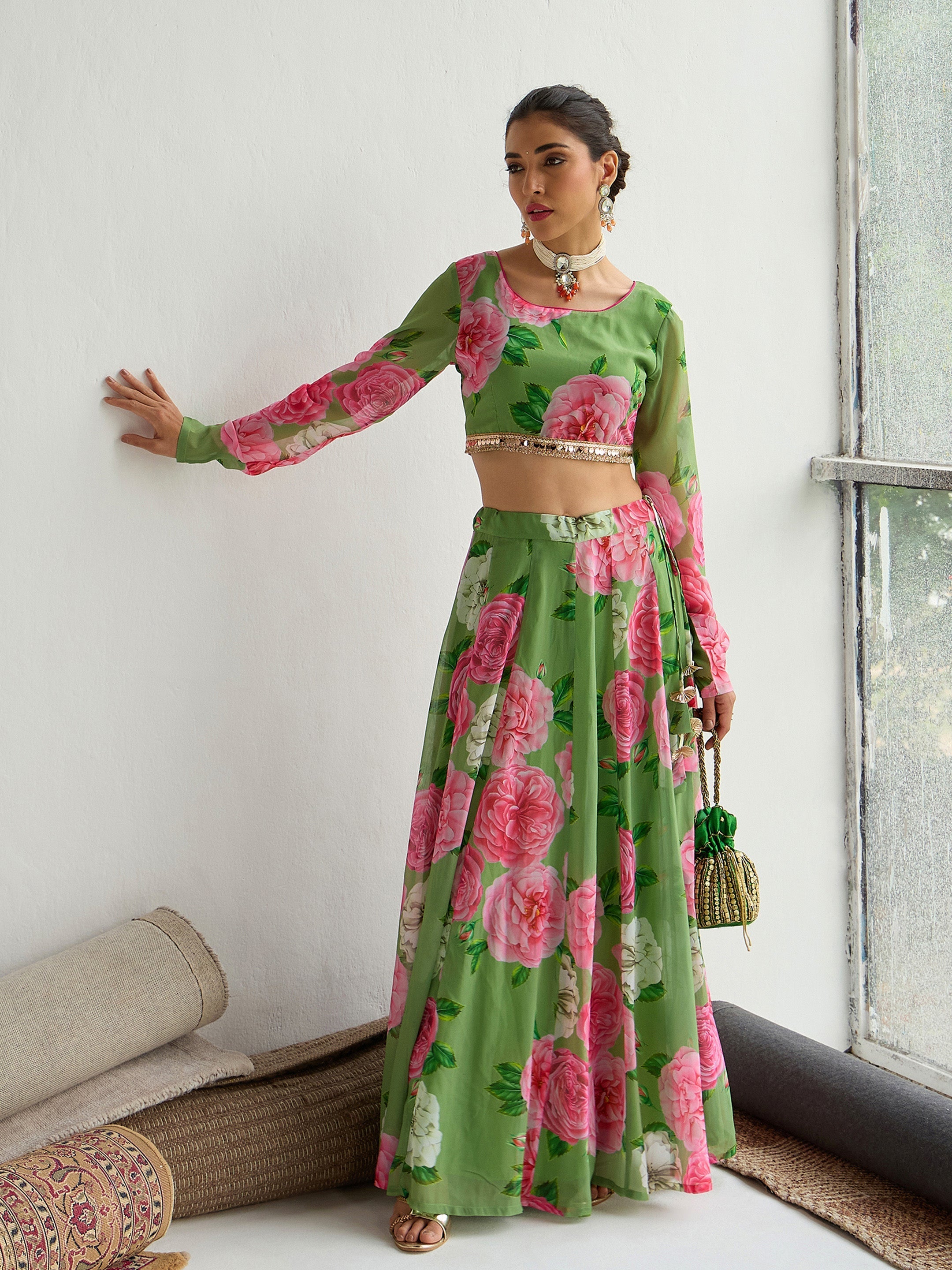Women's Green Floral Lehenga Set